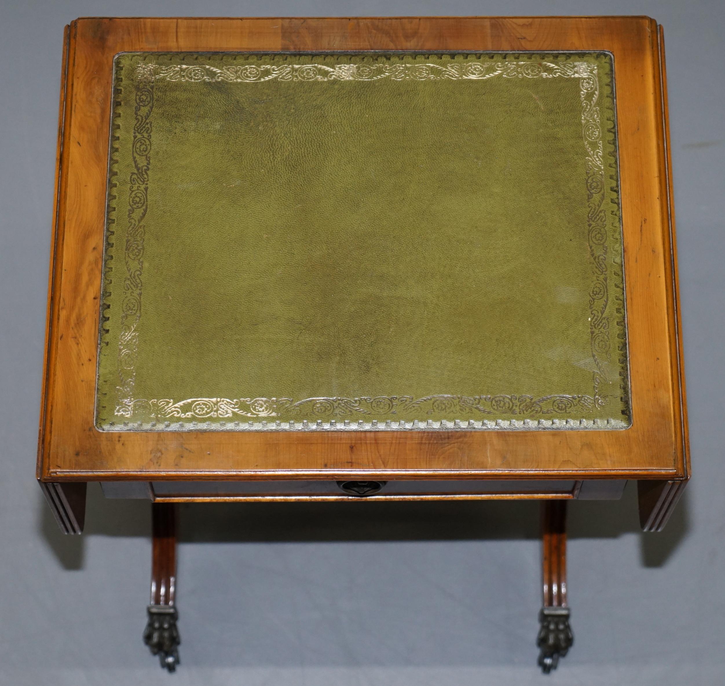 English Stunning Small Side Table with Extending Green Leather Gold Leaf Embossed Top