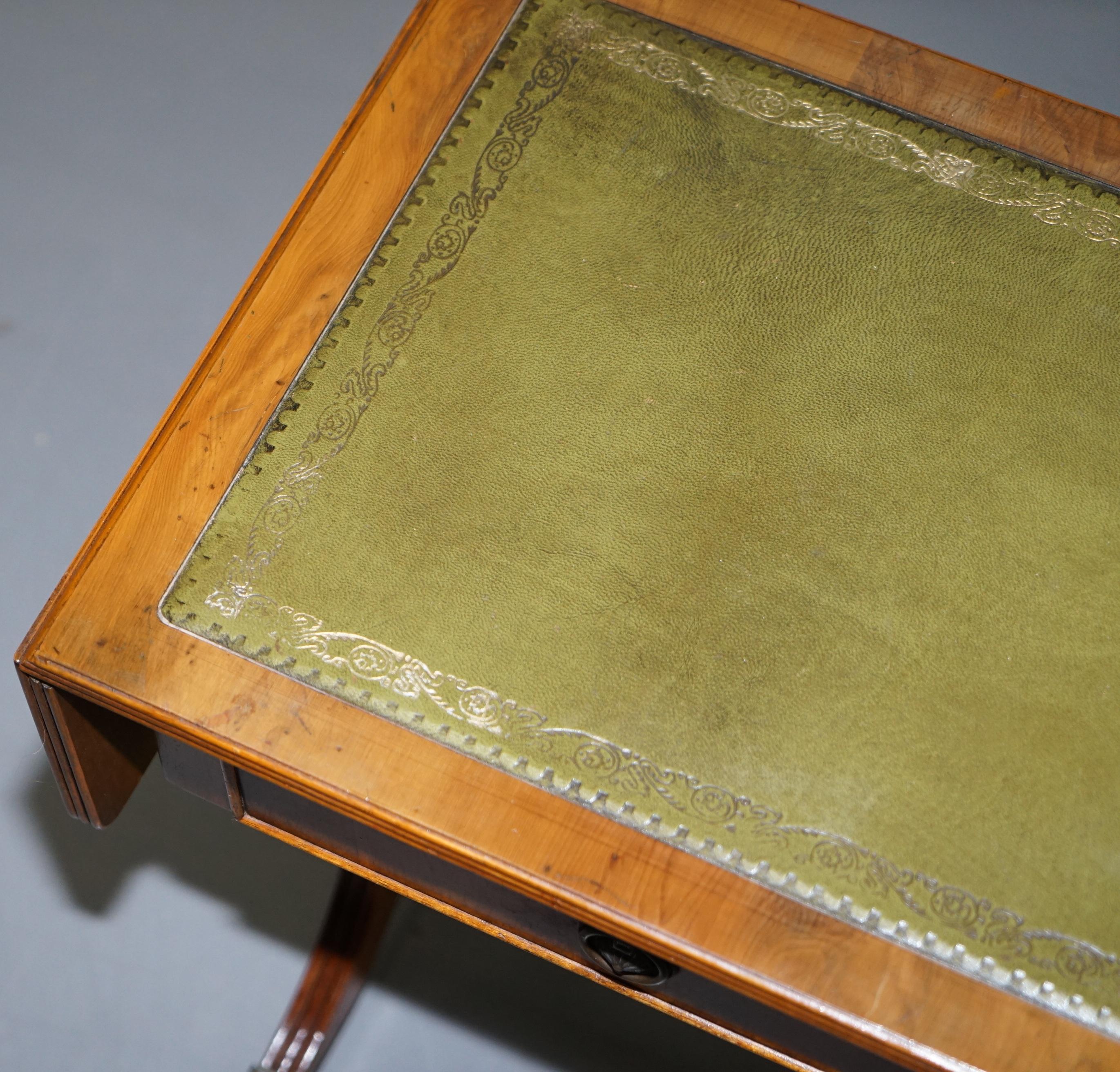 Hand-Crafted Stunning Small Side Table with Extending Green Leather Gold Leaf Embossed Top