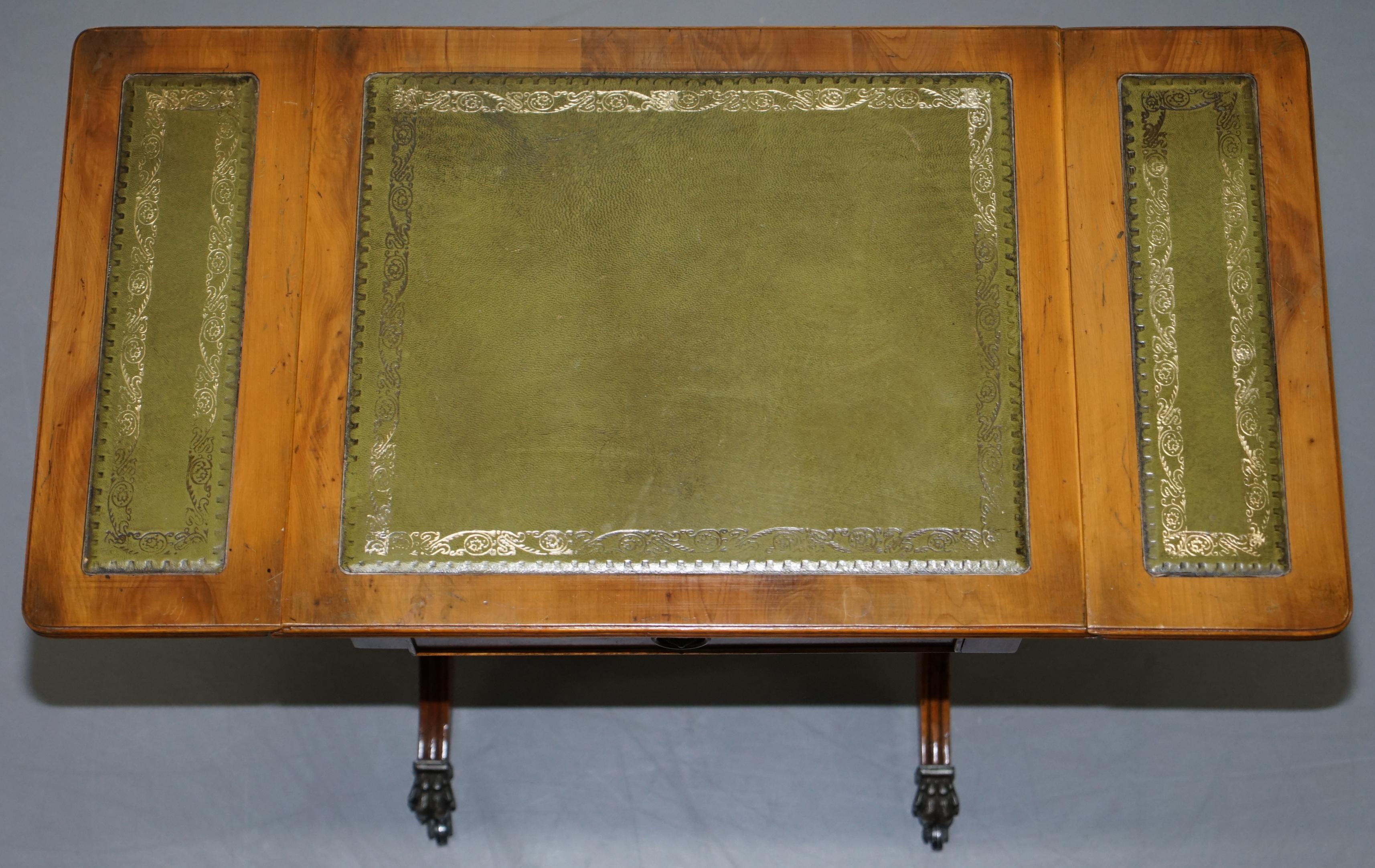 20th Century Stunning Small Side Table with Extending Green Leather Gold Leaf Embossed Top