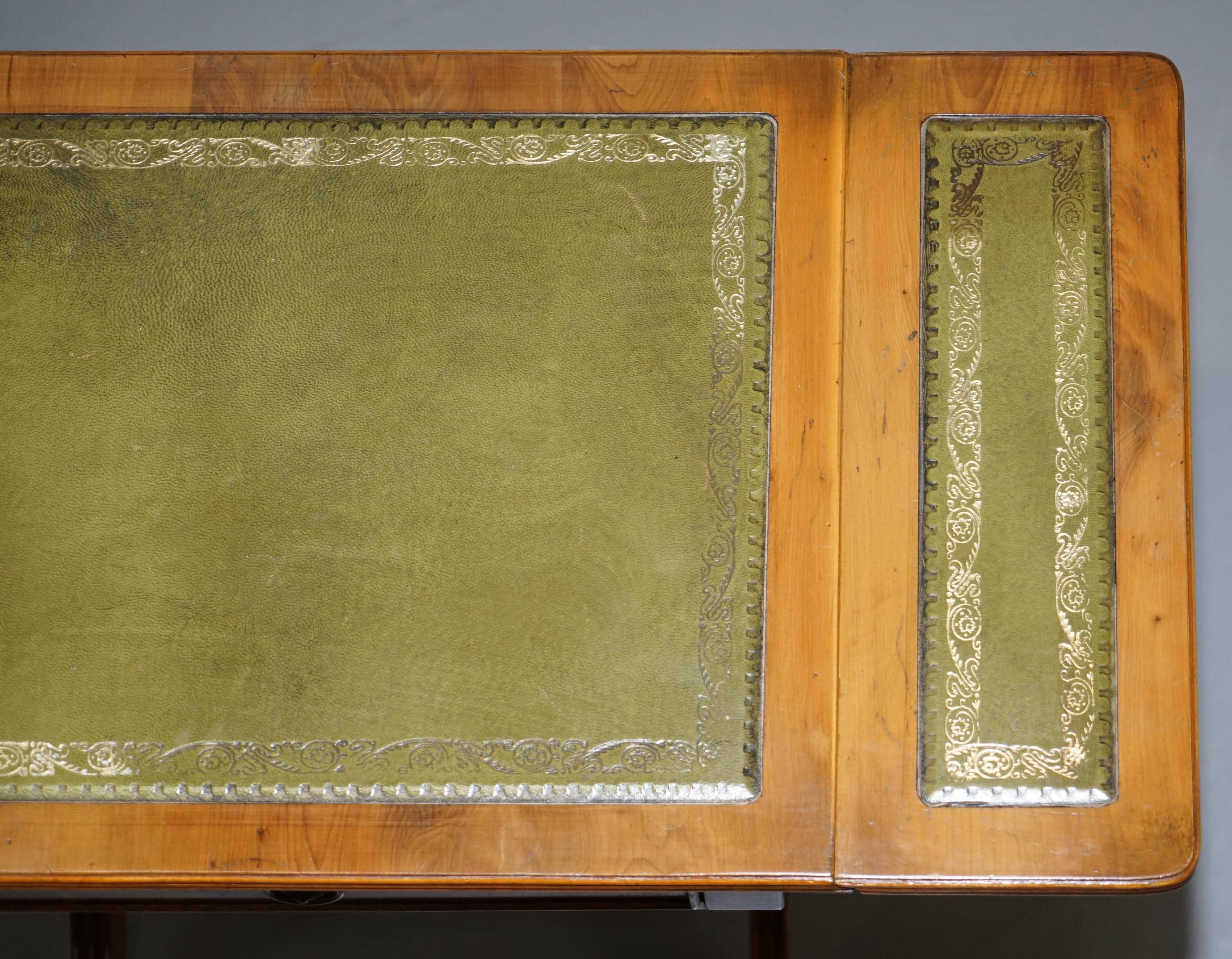 Stunning Small Side Table with Extending Green Leather Gold Leaf Embossed Top 2