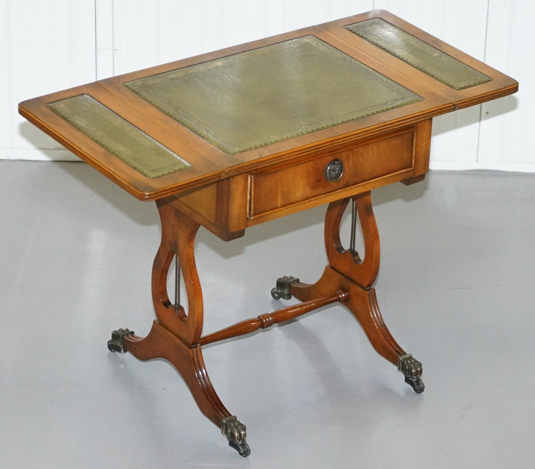 Stunning Small Side Table with Extending Green Leather Gold Leaf Embossed Top 3