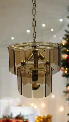 Stunning Smoke Amber Glass Brass Chandelier, 1970s Massive Leuchten Germany
