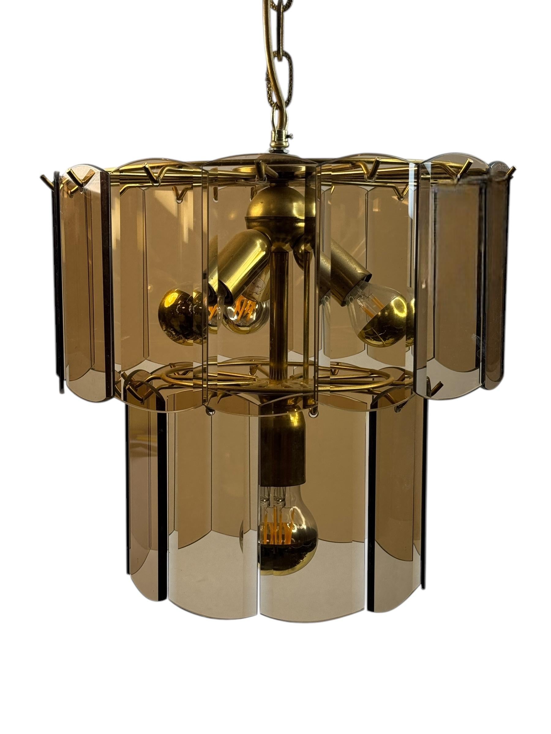 Stunning Smoke Amber Glass Brass Chandelier, 1970s Massive Leuchten Germany In Good Condition For Sale In Nuernberg, DE