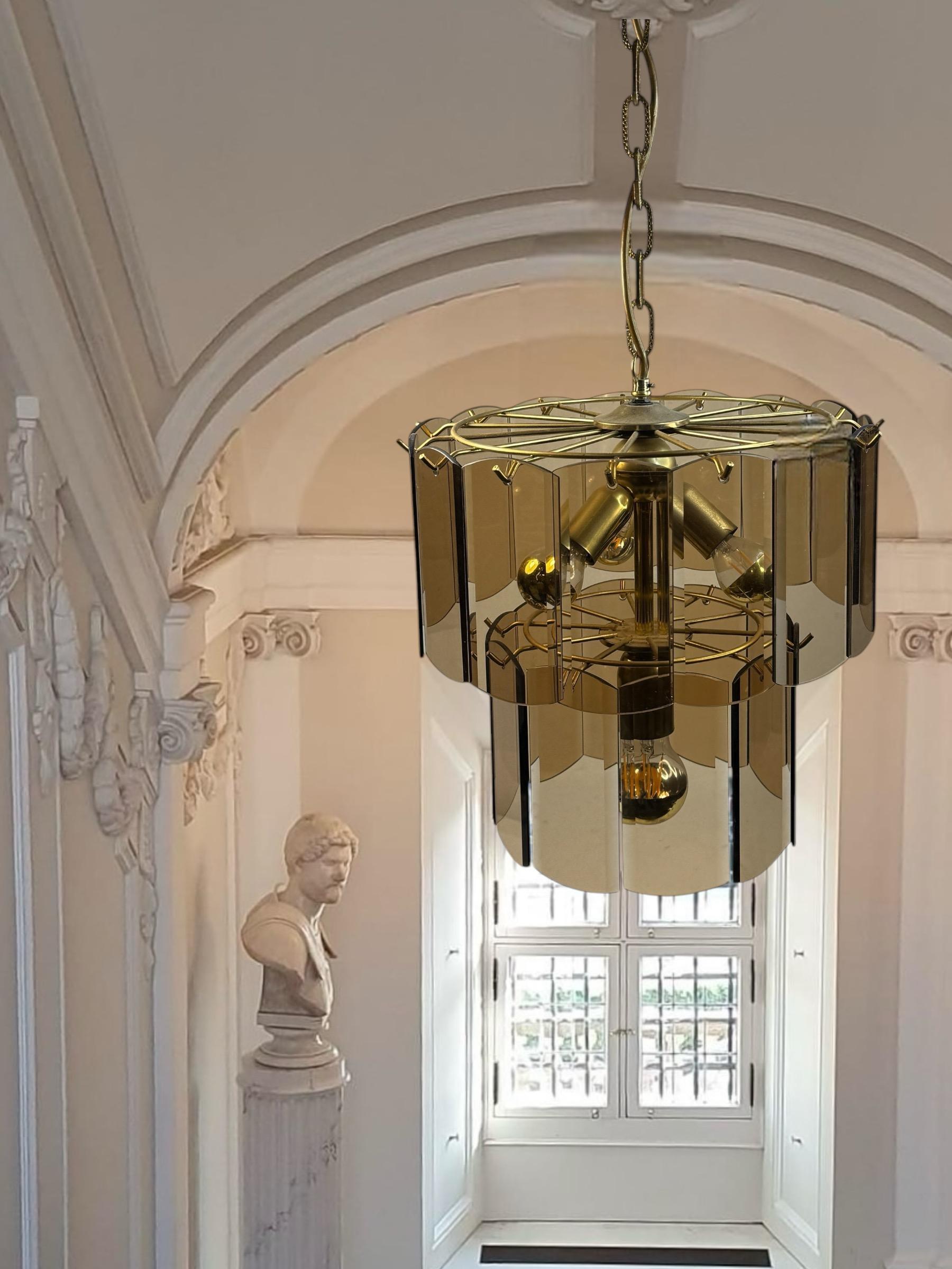 Late 20th Century Stunning Smoke Amber Glass Brass Chandelier, 1970s Massive Leuchten Germany For Sale