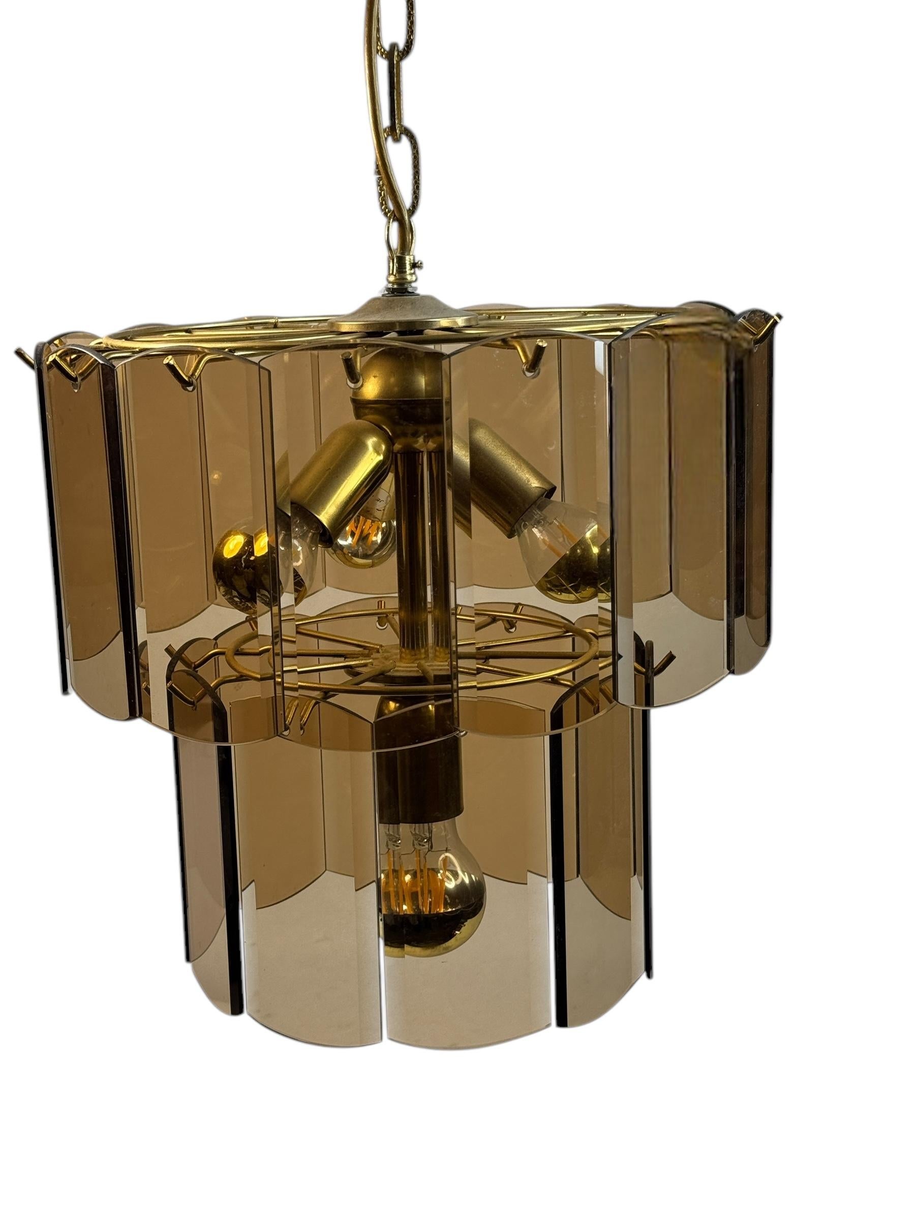 Stunning Smoke Amber Glass Brass Chandelier, 1970s Massive Leuchten Germany For Sale 2