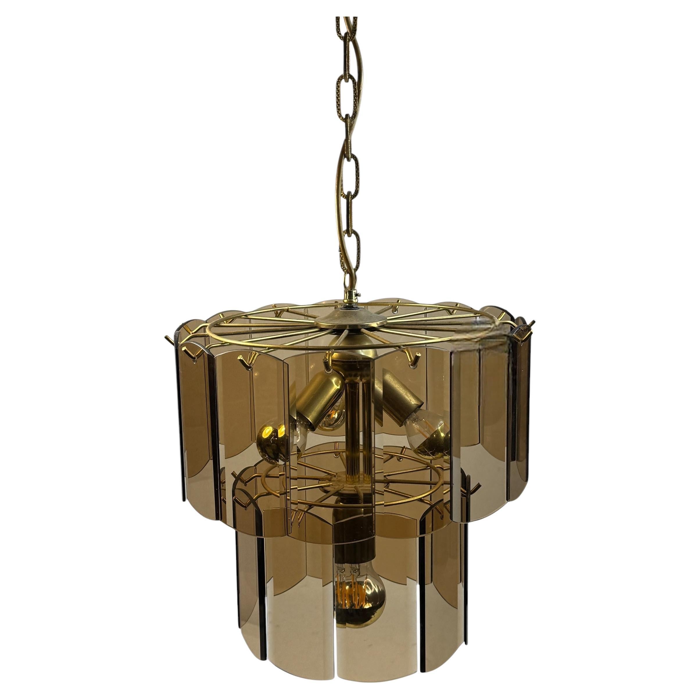 Stunning Smoke Amber Glass Brass Chandelier, 1970s Massive Leuchten Germany
