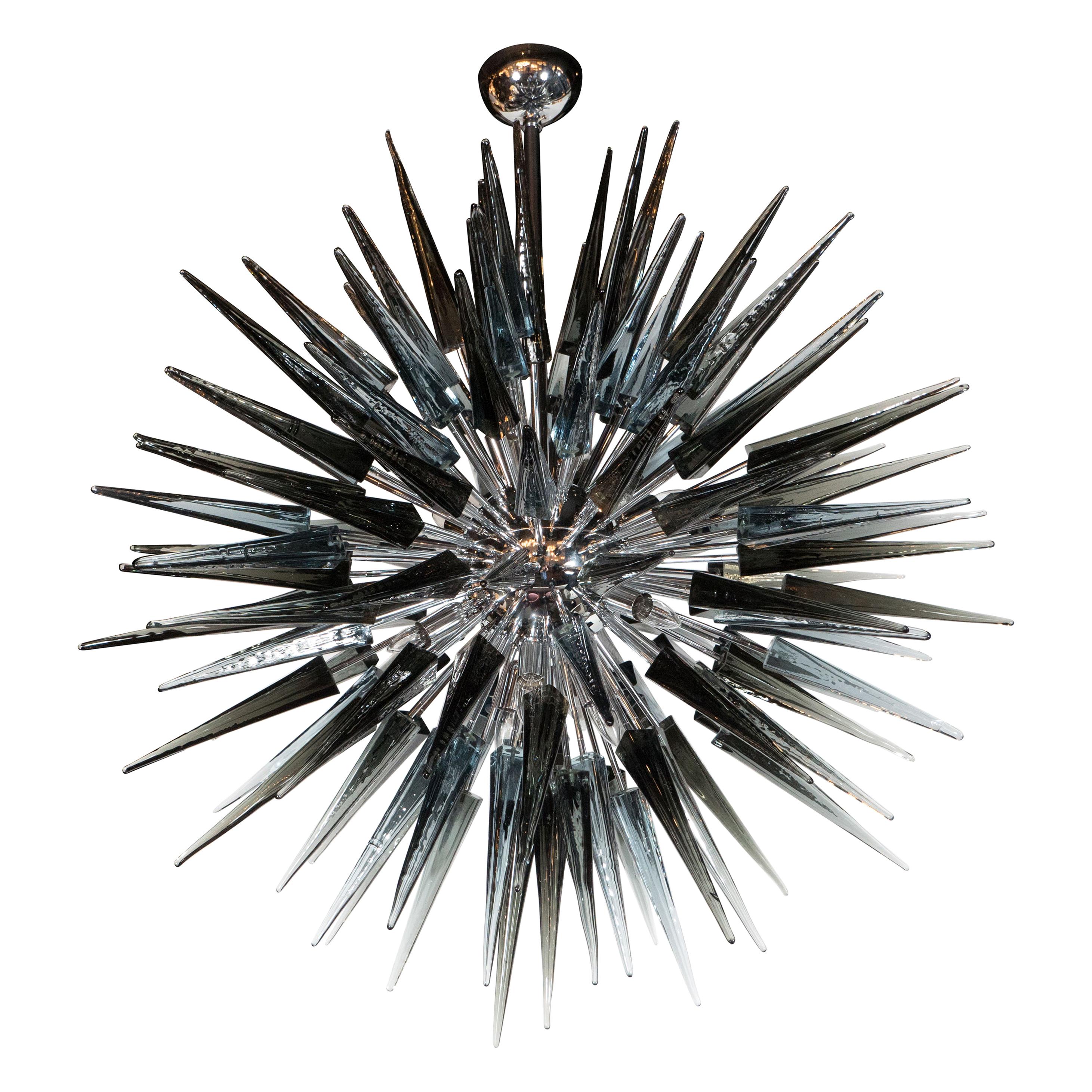 Stunning Smoked Grey Hand Blown Murano Glass Spiked Starburst Chandelier For Sale