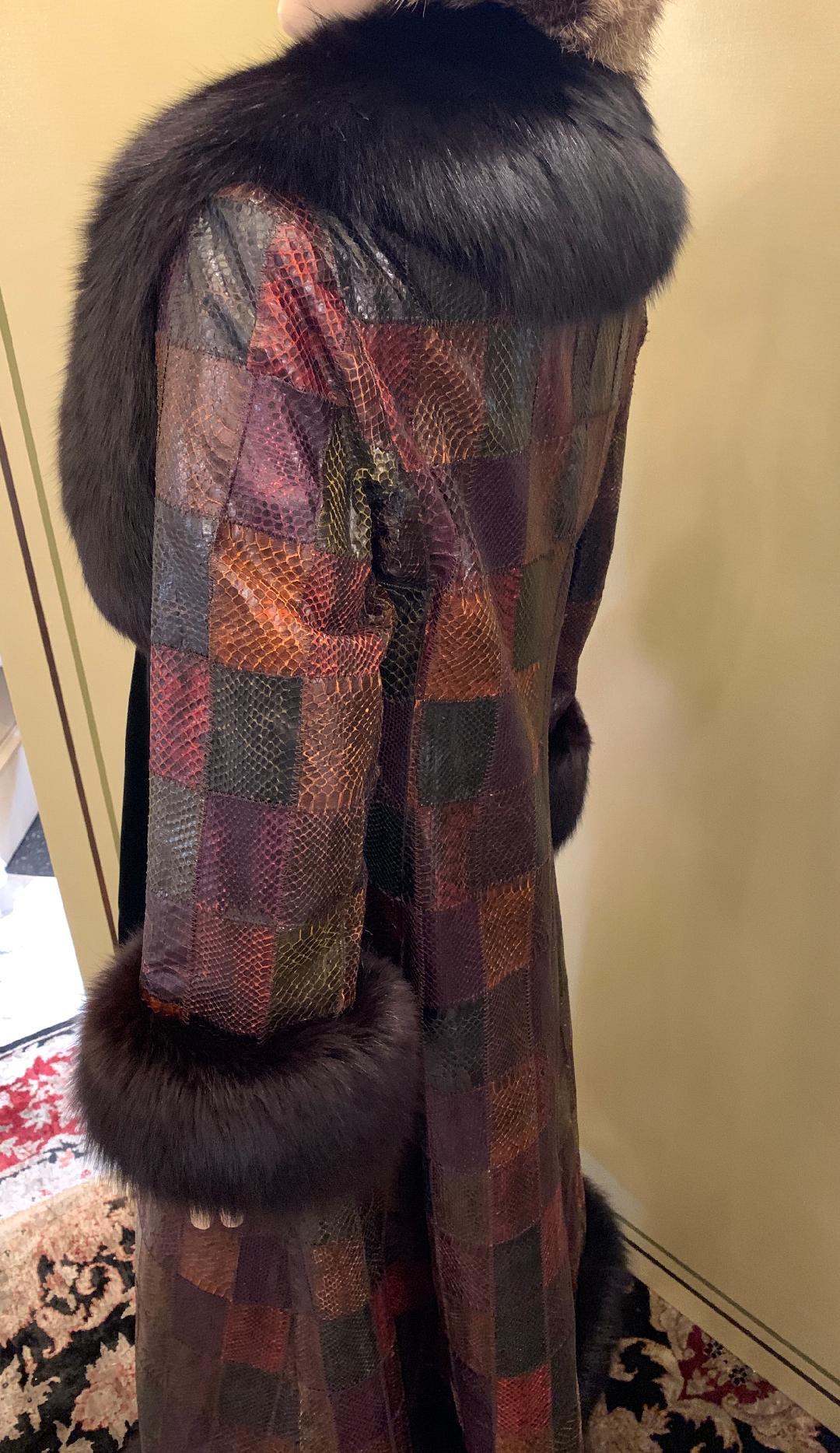 Stunning Snakeskin Patchwork Coat with Sheared Mink Lining and Black Fox Trim In Good Condition For Sale In Tustin, CA
