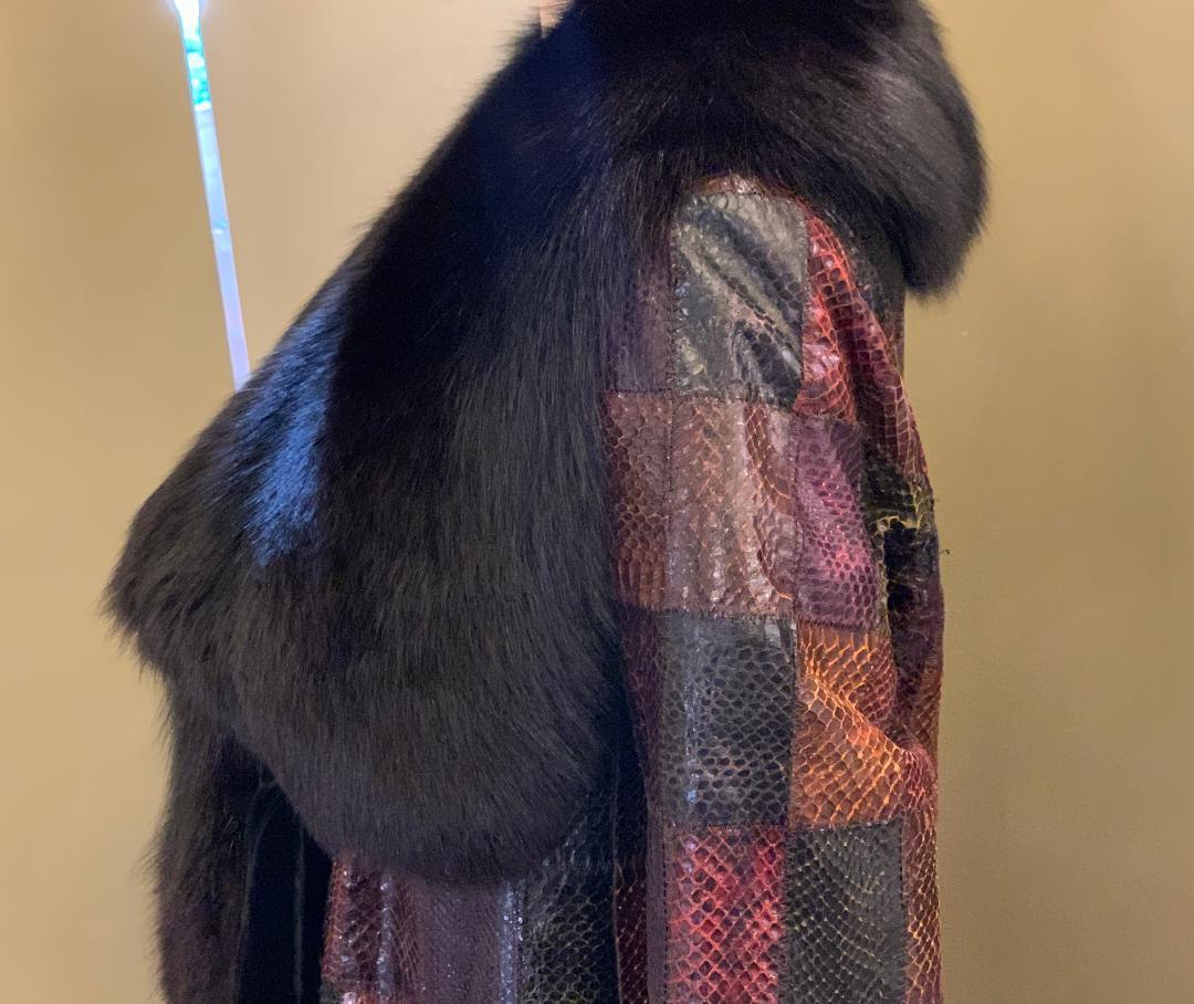 Women's Stunning Snakeskin Patchwork Coat with Sheared Mink Lining and Black Fox Trim For Sale