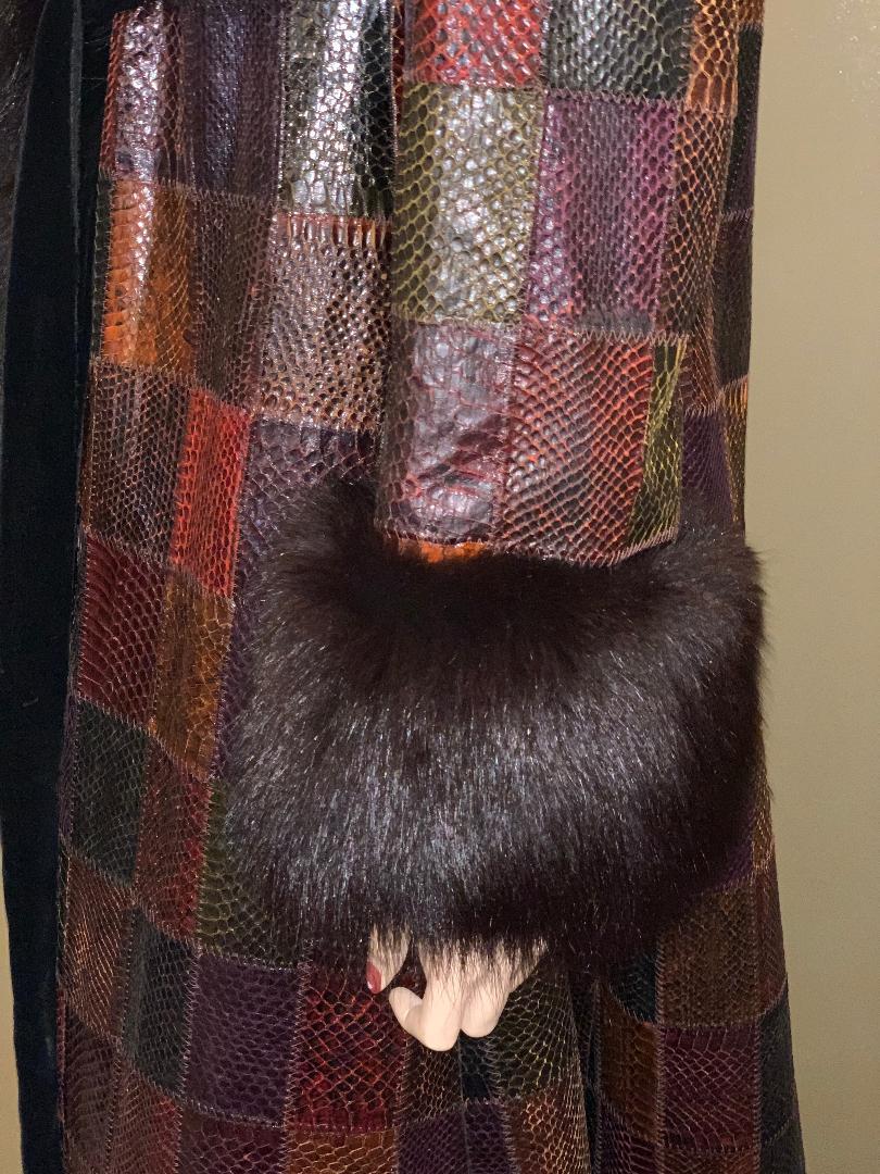 Stunning Snakeskin Patchwork Coat with Sheared Mink Lining and Black Fox Trim For Sale 1