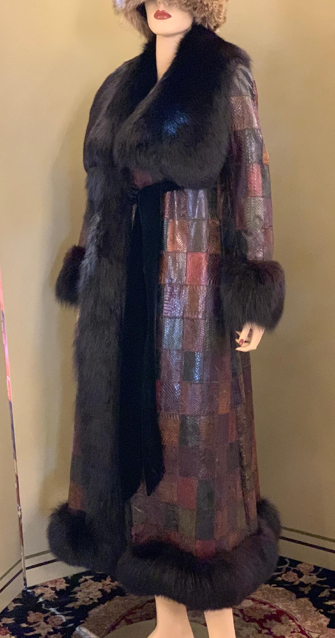 Stunning Snakeskin Patchwork Coat with Sheared Mink Lining and Black Fox Trim For Sale 2