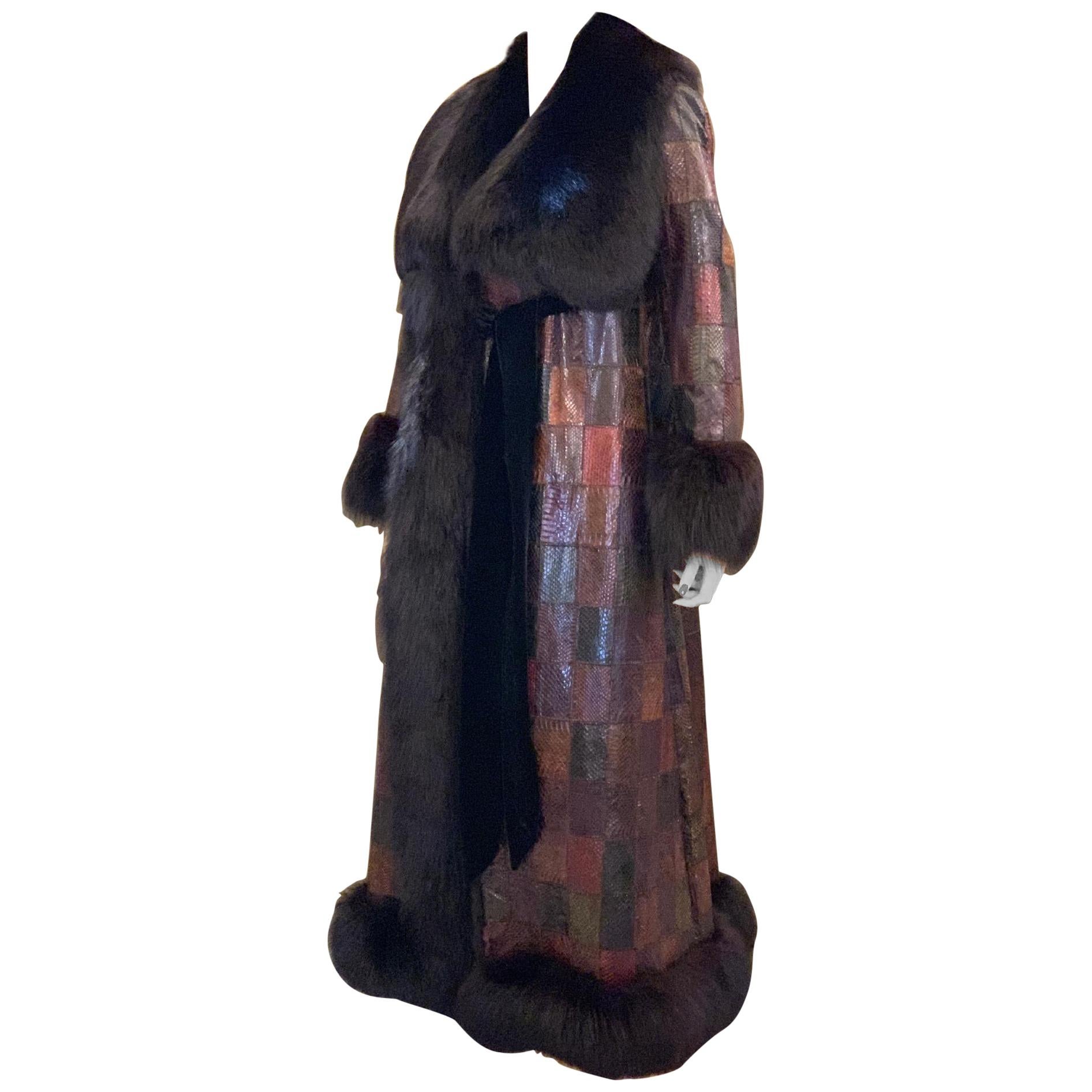 Stunning Snakeskin Patchwork Coat with Sheared Mink Lining and Black Fox Trim