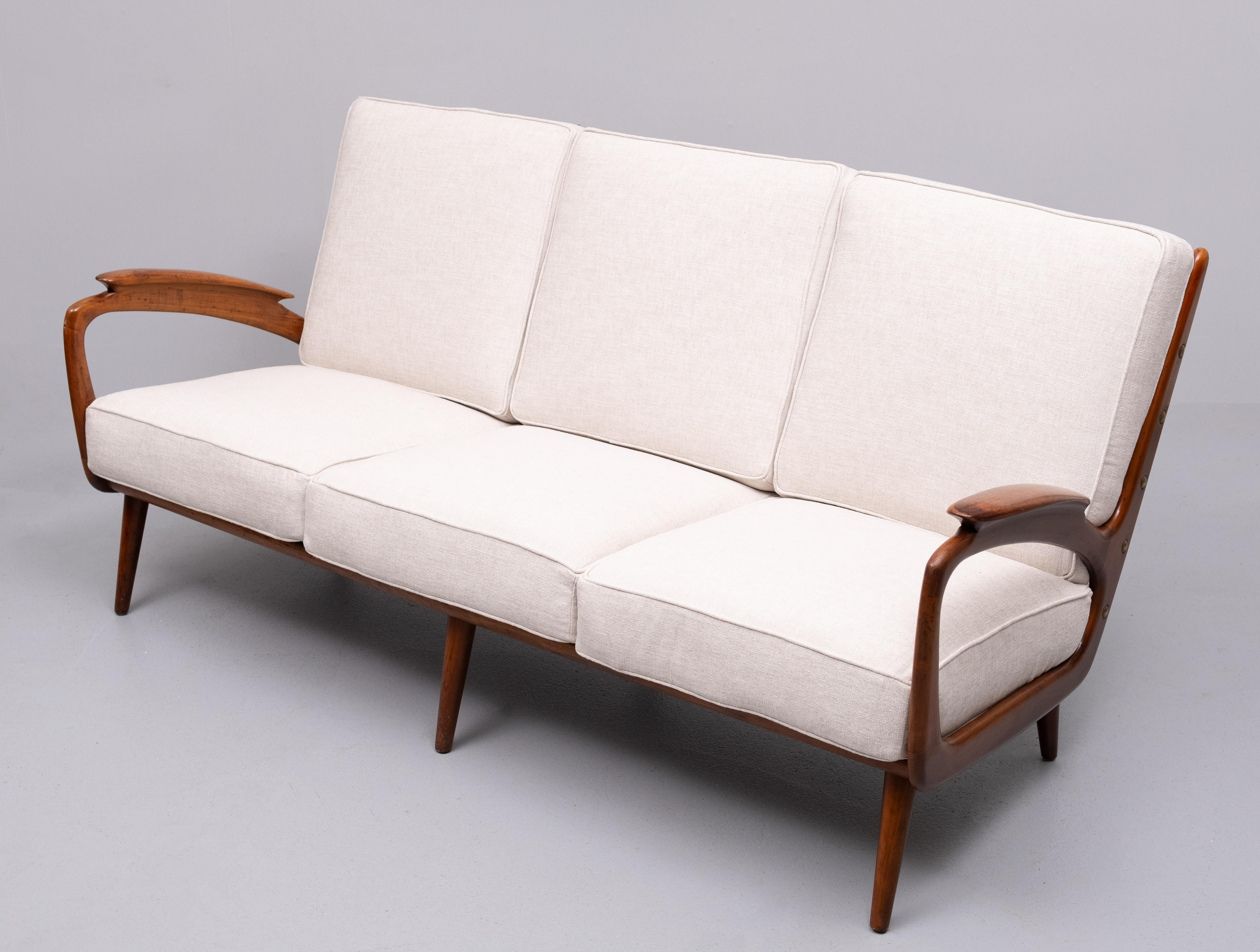 Superb Color and design ,Manufactured by  De Ster Gelderland, Holland 
Sculptural armrests in boat shape, tension spring seat and back .
original metal spring interior cushions . Brand new Linen upholstery .
Very good seating comfort . Great looking