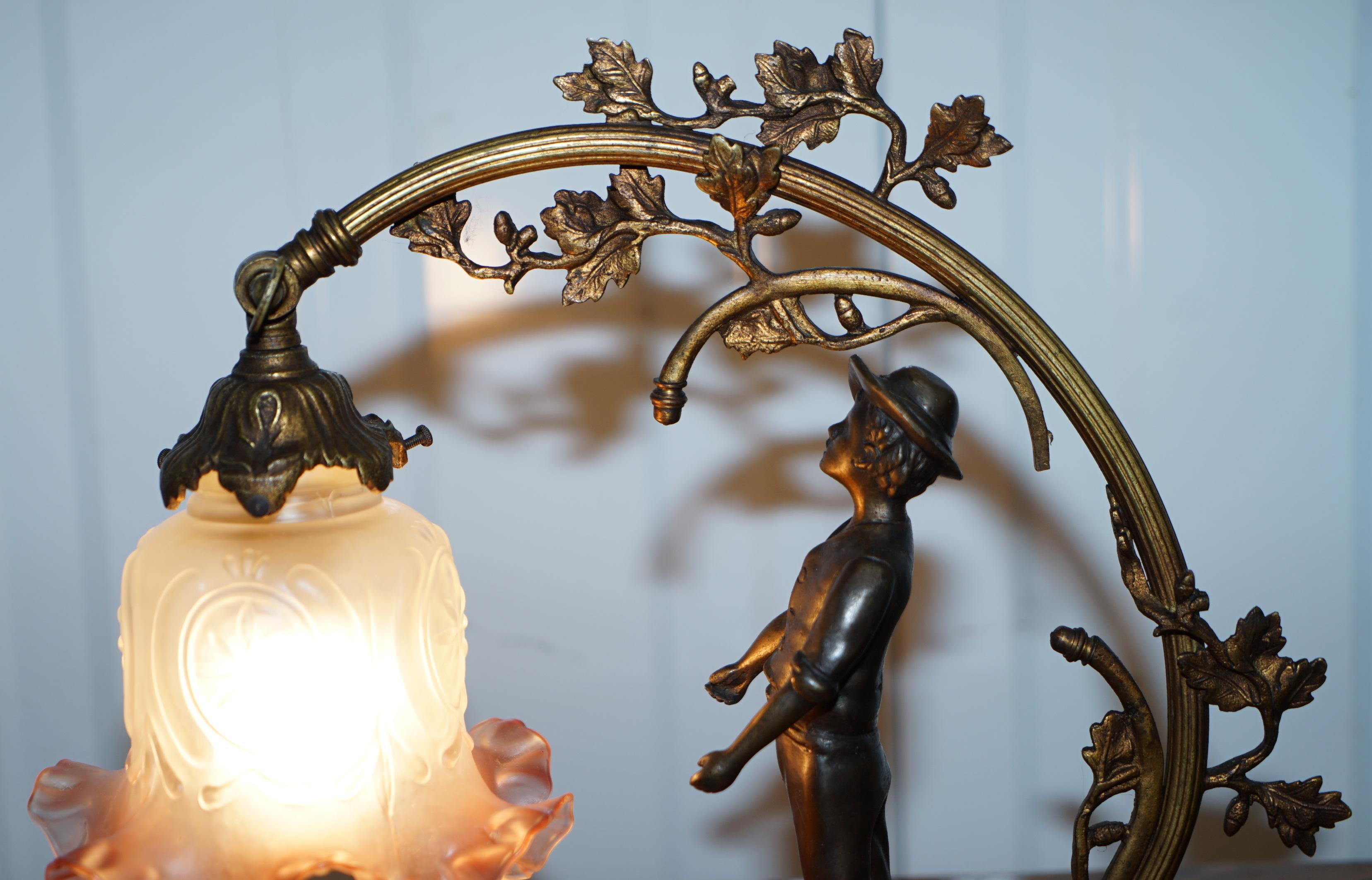 Stunning Solid Bronze circa 1920 Table Lamp with Statue Original Shade Rare Find 3