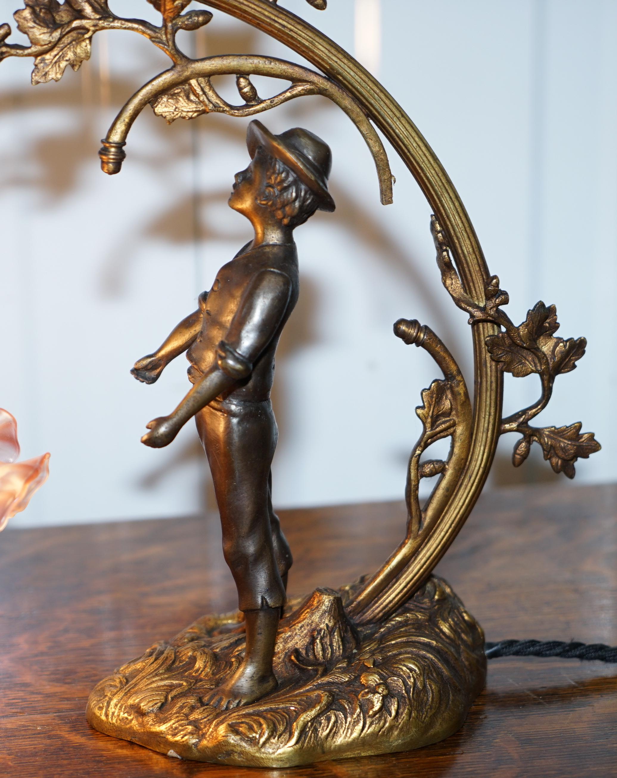 Stunning Solid Bronze circa 1920 Table Lamp with Statue Original Shade Rare Find 5