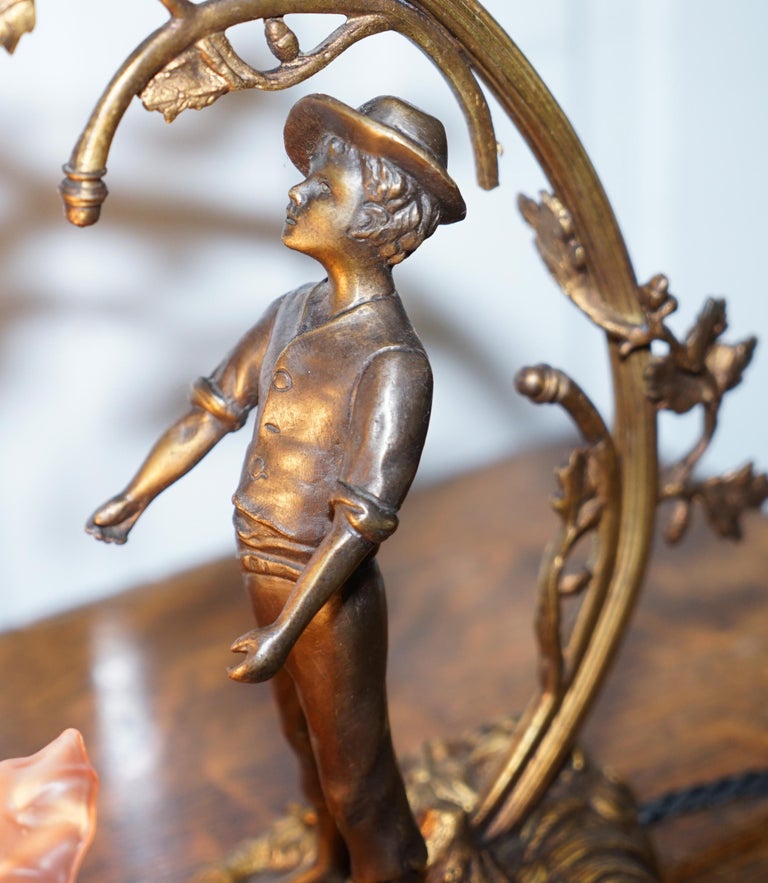 Stunning Solid Bronze circa 1920 Table Lamp with Statue Original Shade