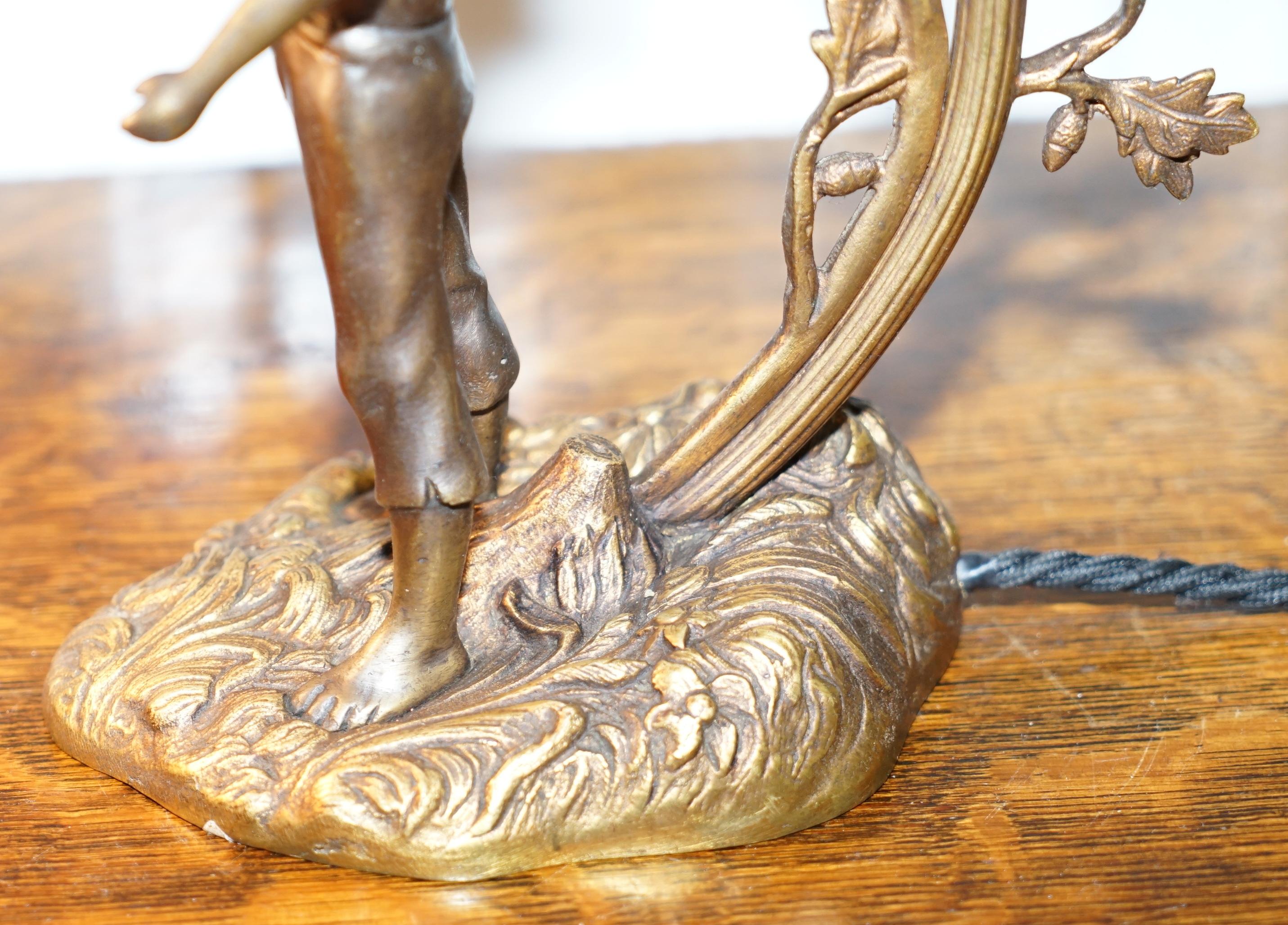 Stunning Solid Bronze circa 1920 Table Lamp with Statue Original Shade Rare Find 7