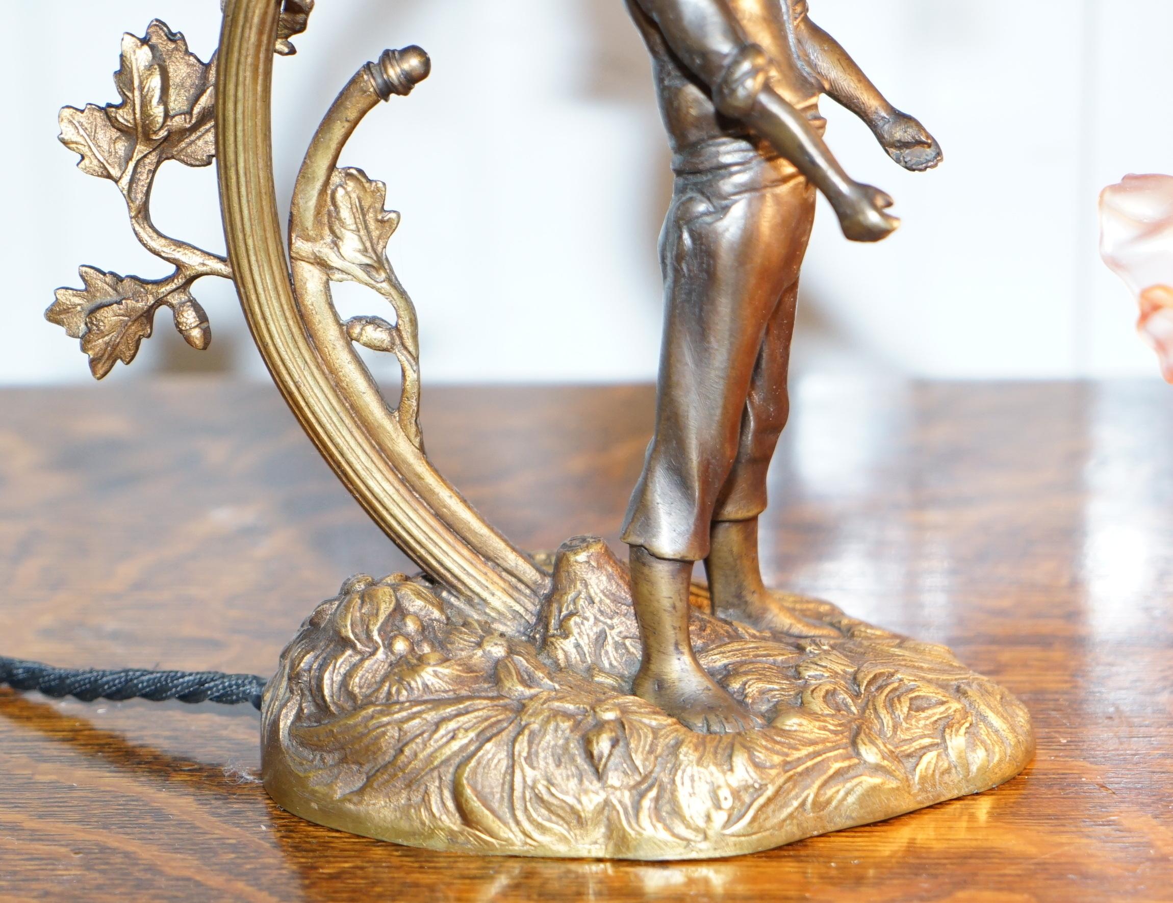 Art Nouveau Stunning Solid Bronze circa 1920 Table Lamp with Statue Original Shade Rare Find