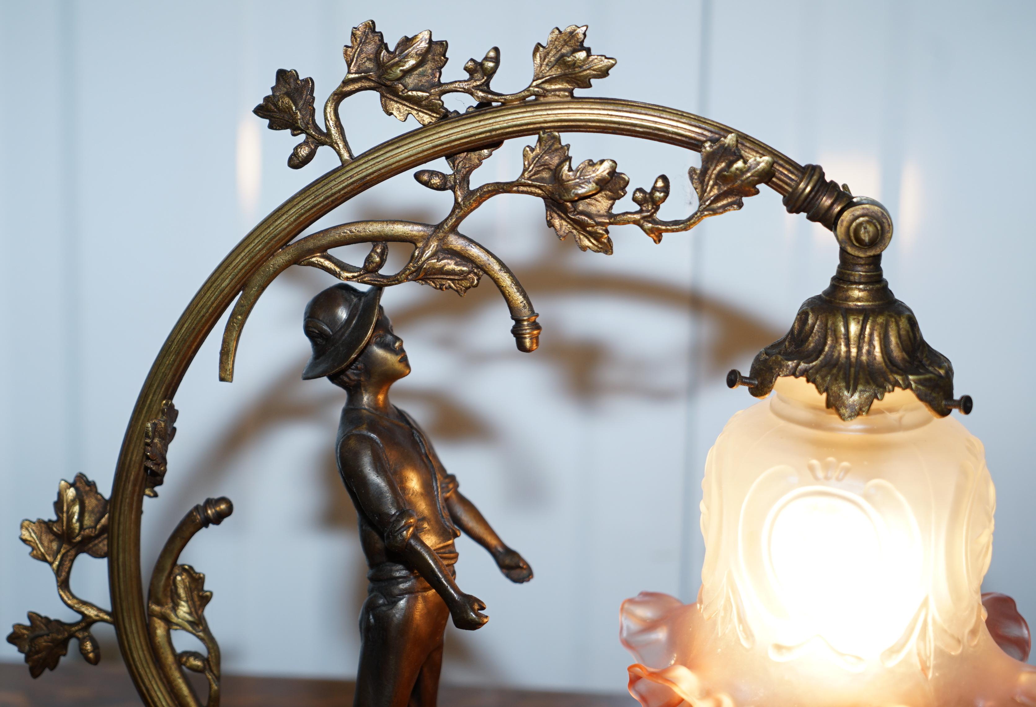 Cast Stunning Solid Bronze circa 1920 Table Lamp with Statue Original Shade Rare Find