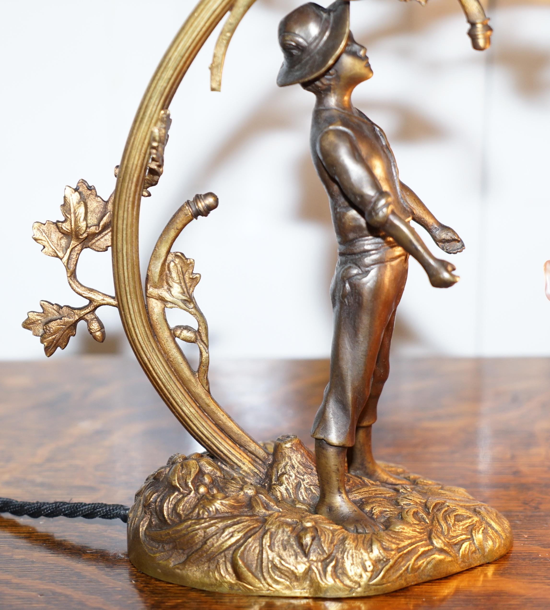 Early 20th Century Stunning Solid Bronze circa 1920 Table Lamp with Statue Original Shade Rare Find
