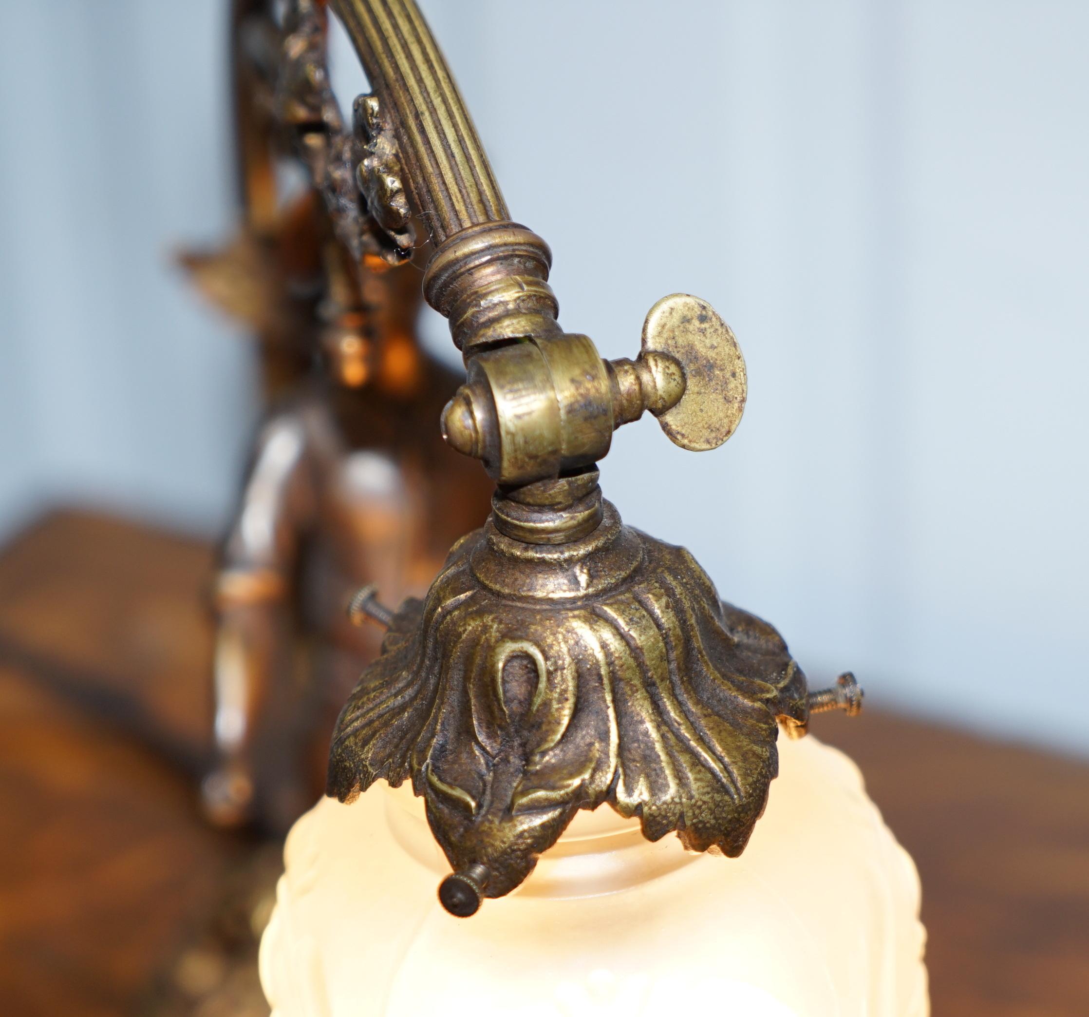Stunning Solid Bronze circa 1920 Table Lamp with Statue Original Shade Rare Find 1
