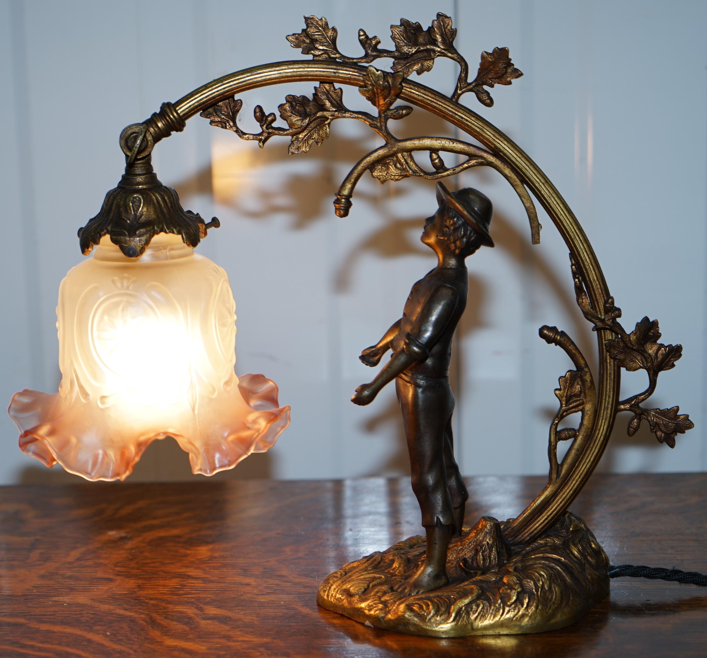 Stunning Solid Bronze circa 1920 Table Lamp with Statue Original Shade Rare Find 2