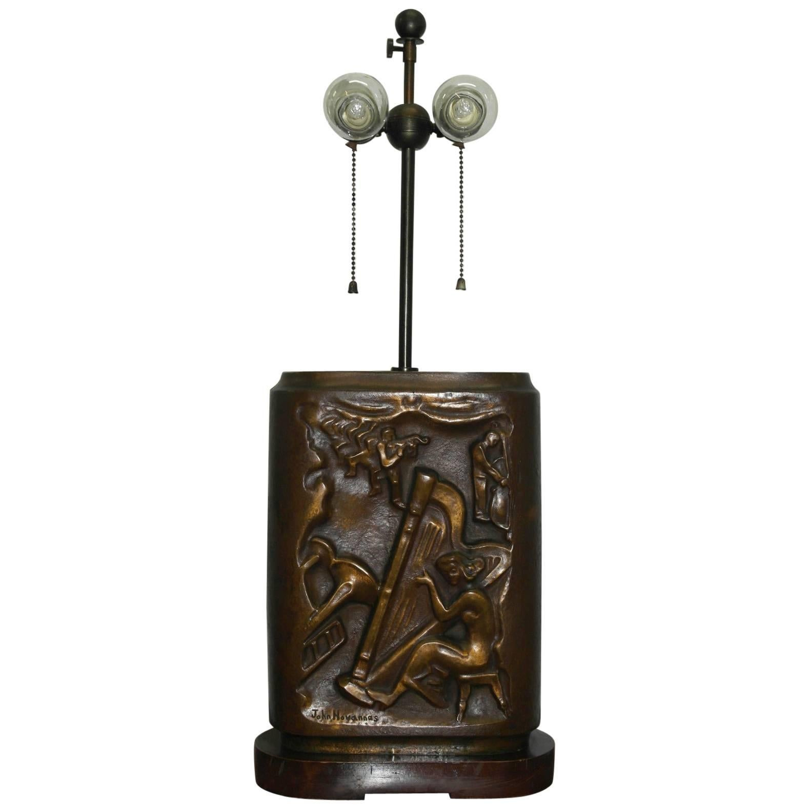 Stunning Solid Bronze John Hovannes Art Lamp Depicting Musicians and Ballerinas