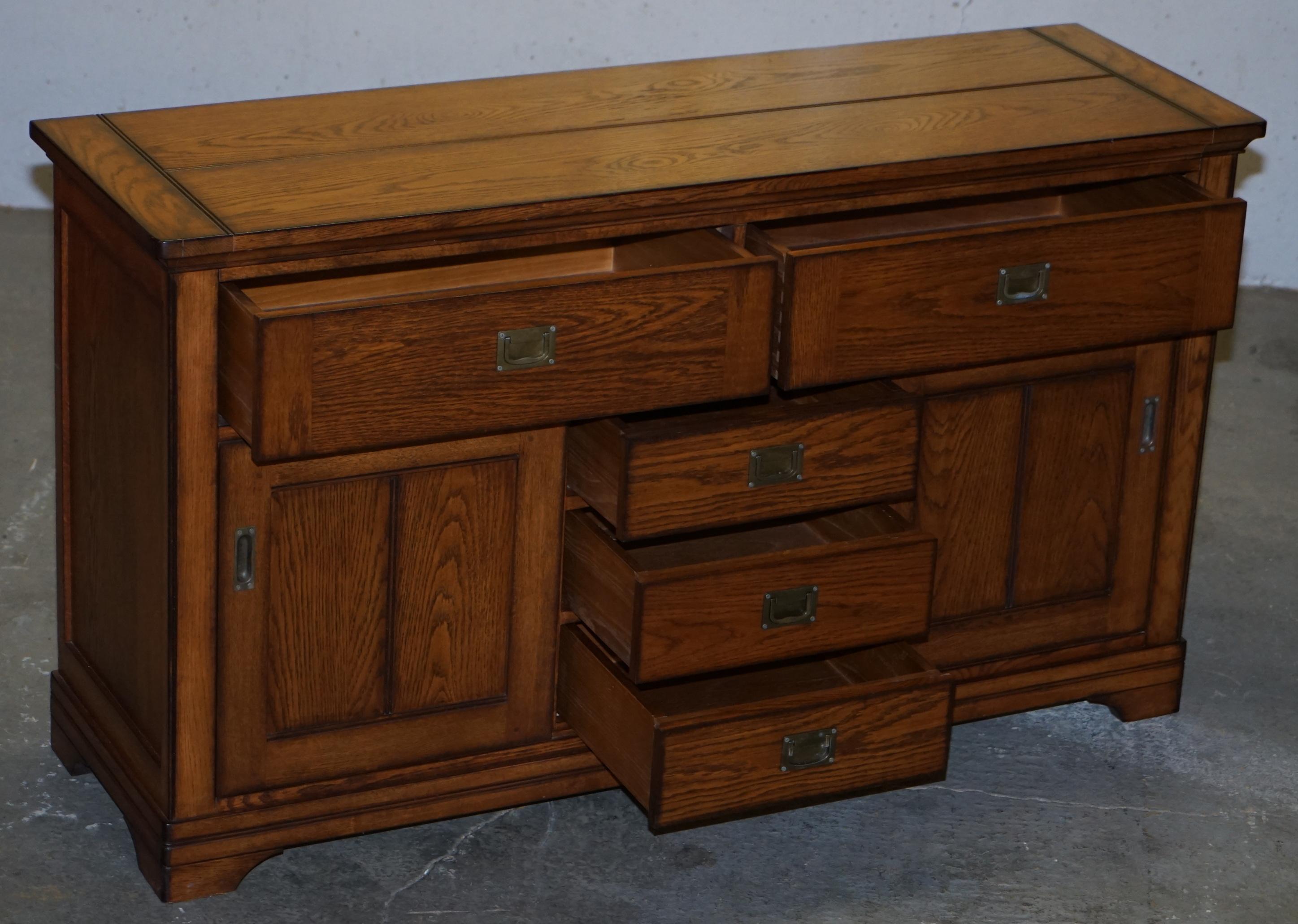 Stunning Solid Oak Vintage Campaign Style Sideboard with Drawers and Cupboards 9