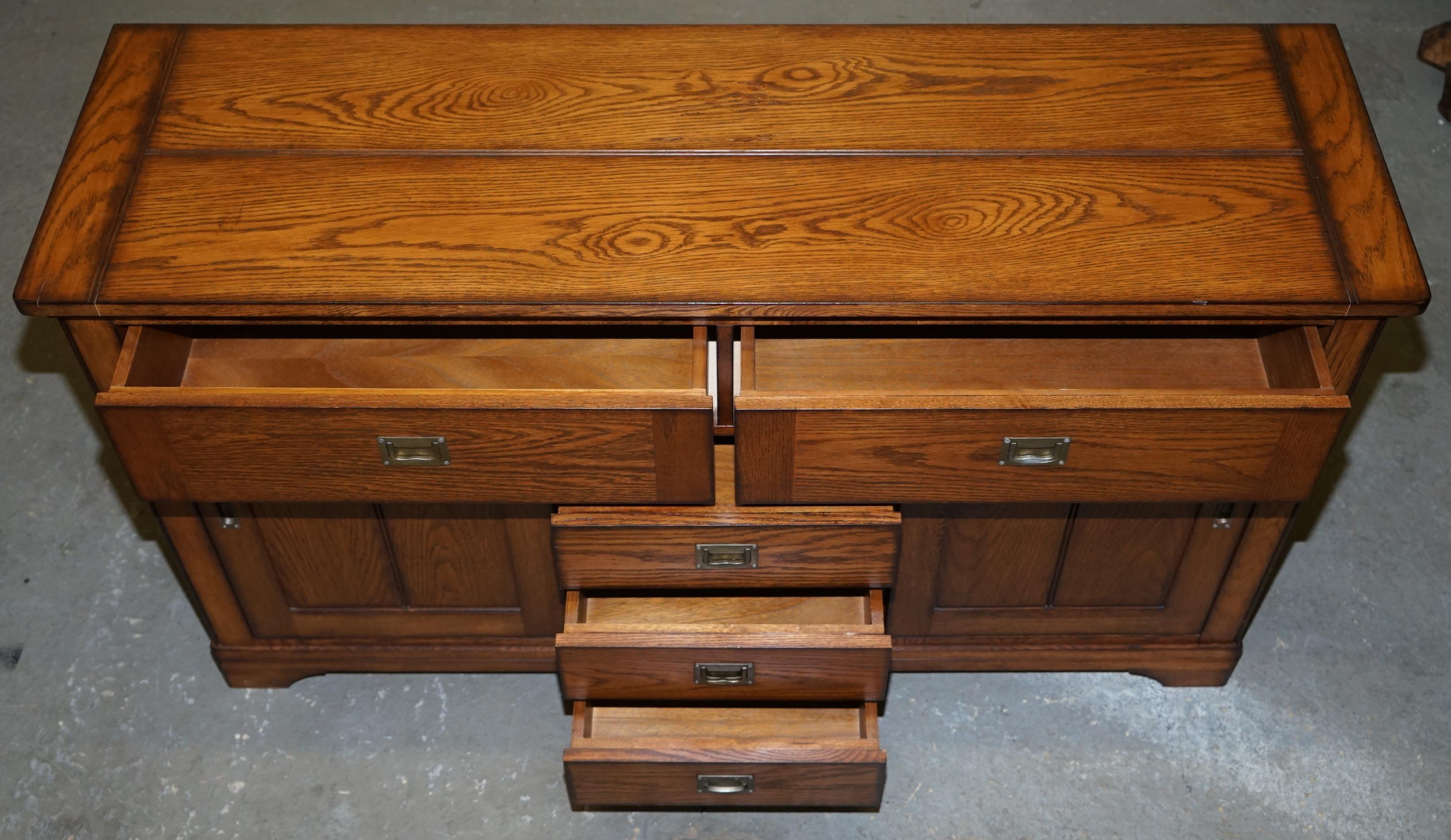 Stunning Solid Oak Vintage Campaign Style Sideboard with Drawers and Cupboards 10