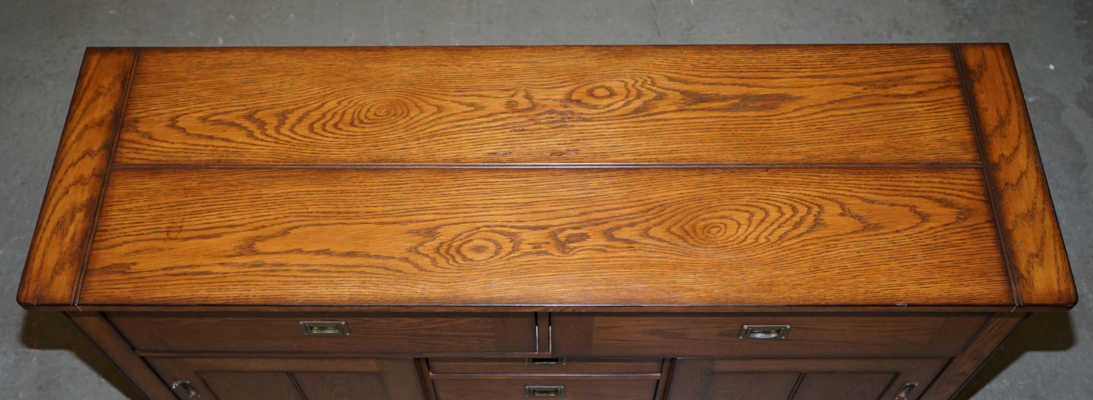 Hand-Crafted Stunning Solid Oak Vintage Campaign Style Sideboard with Drawers and Cupboards