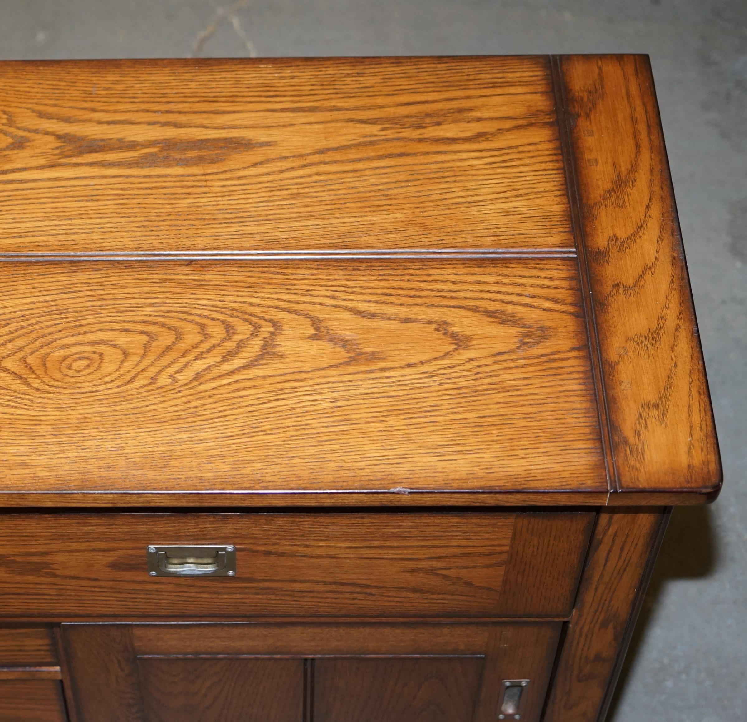 Stunning Solid Oak Vintage Campaign Style Sideboard with Drawers and Cupboards 1