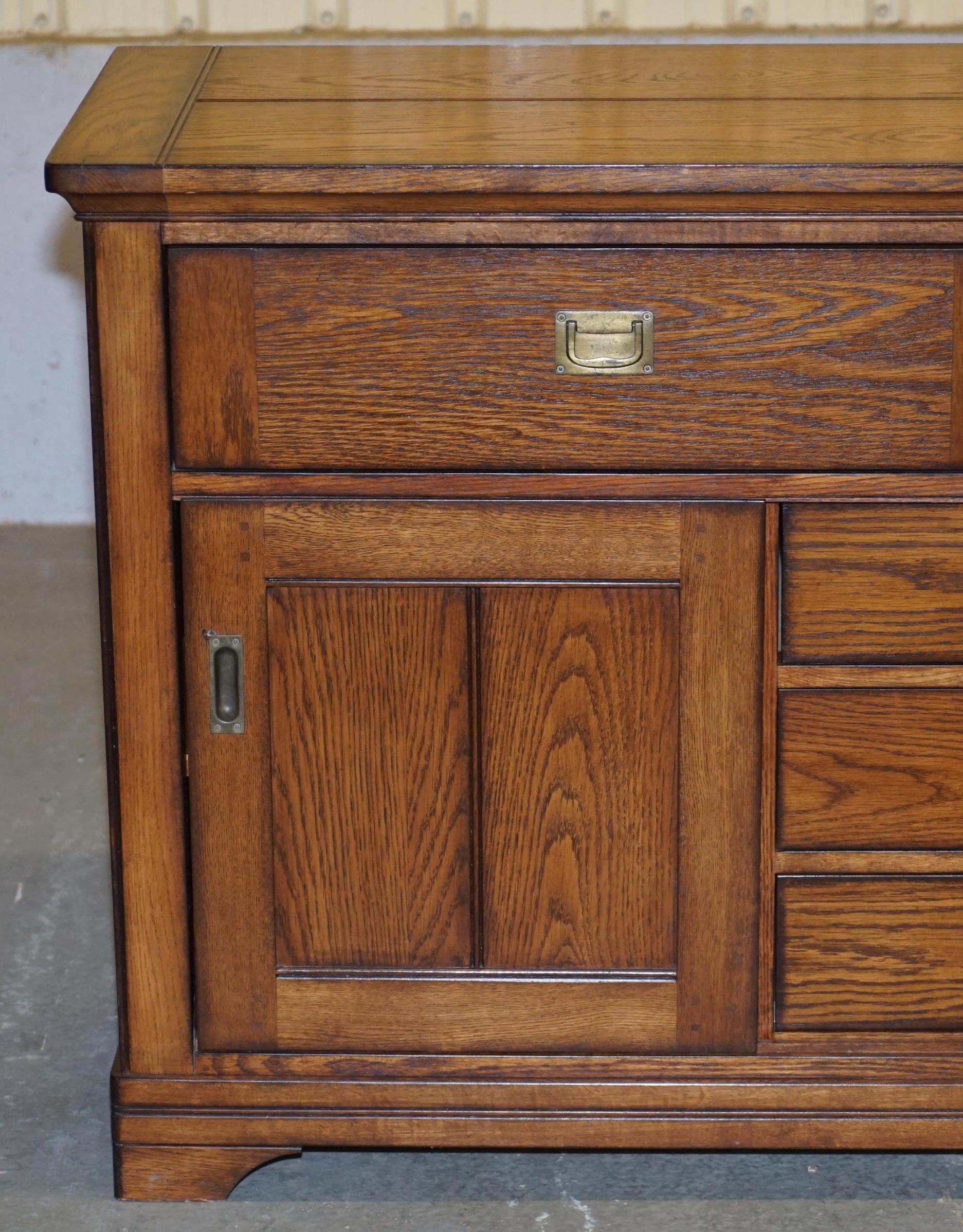 Stunning Solid Oak Vintage Campaign Style Sideboard with Drawers and Cupboards 2