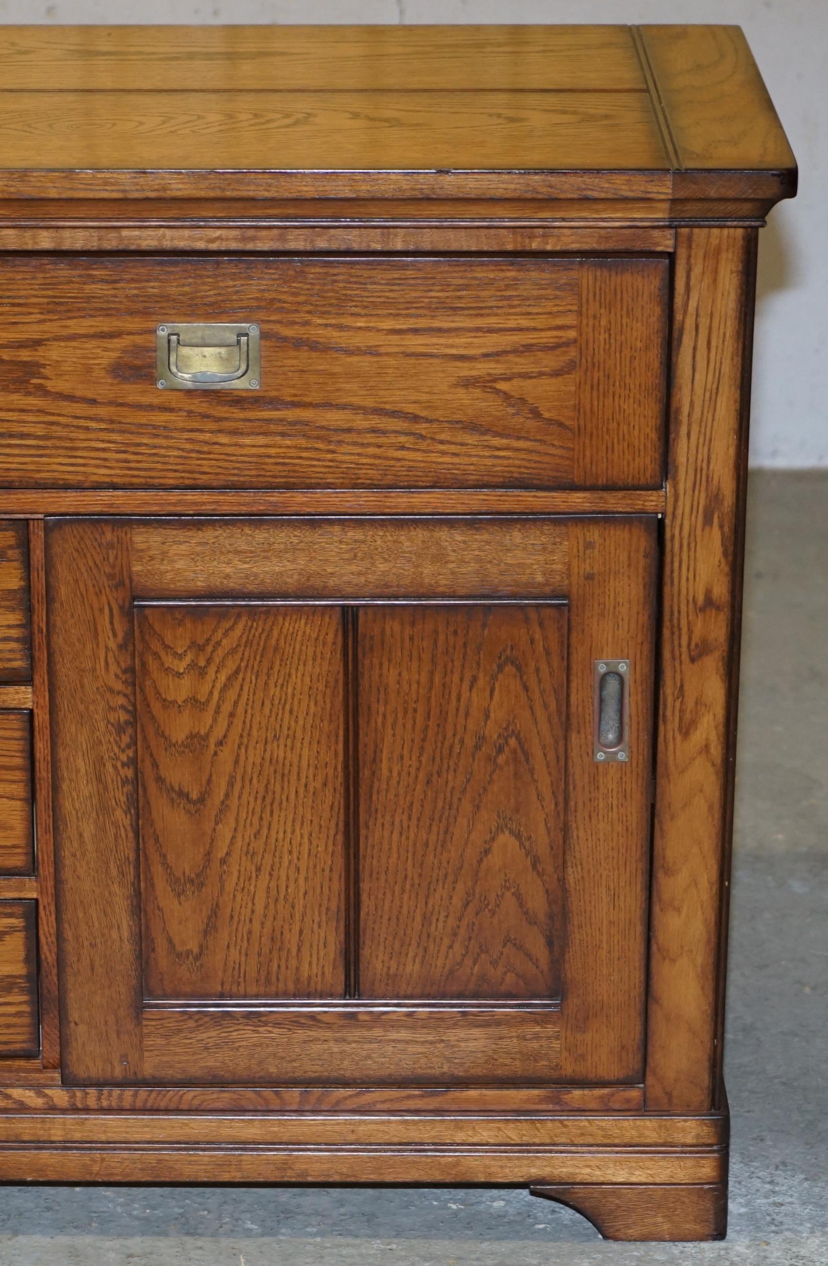 Stunning Solid Oak Vintage Campaign Style Sideboard with Drawers and Cupboards 4