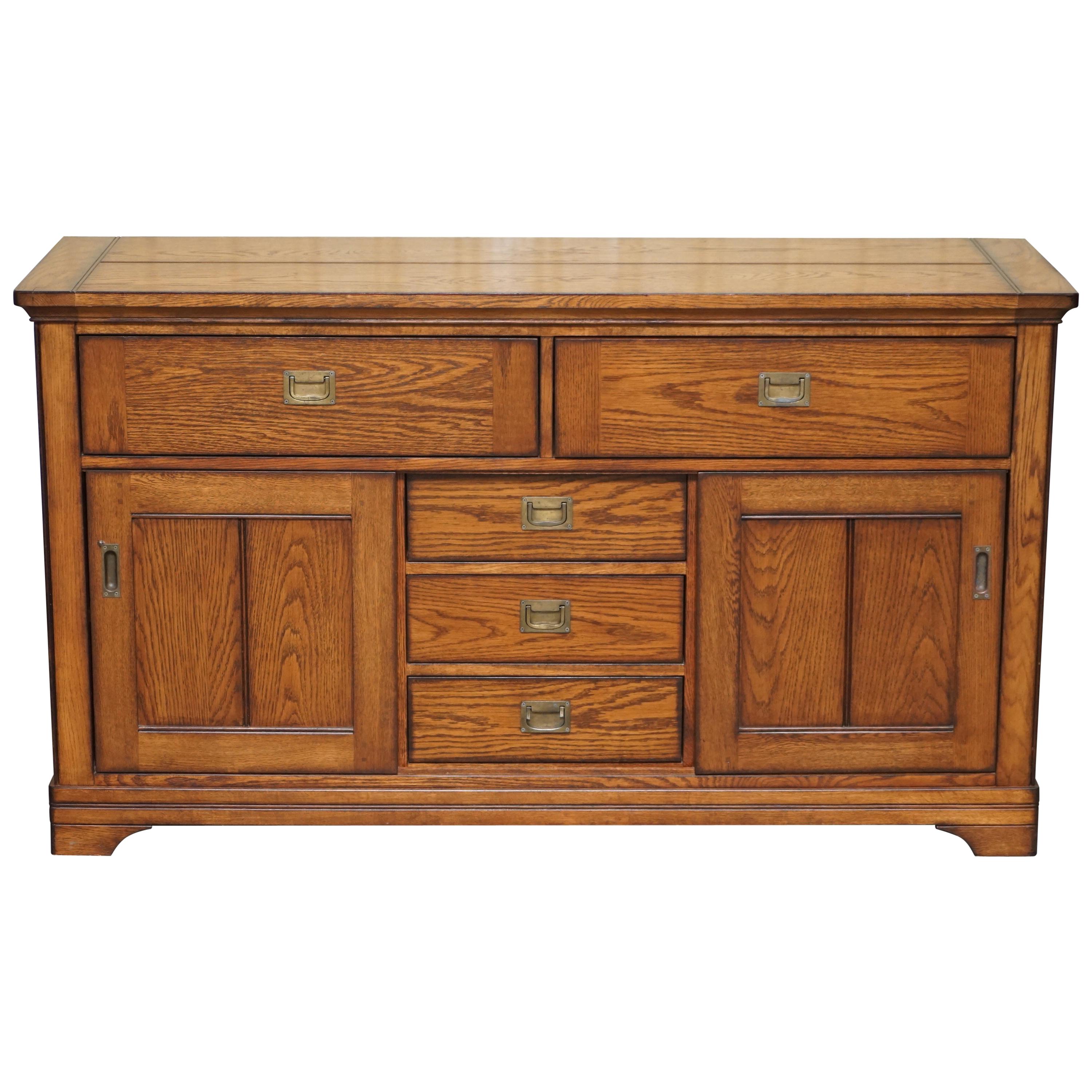 Stunning Solid Oak Vintage Campaign Style Sideboard with Drawers and Cupboards
