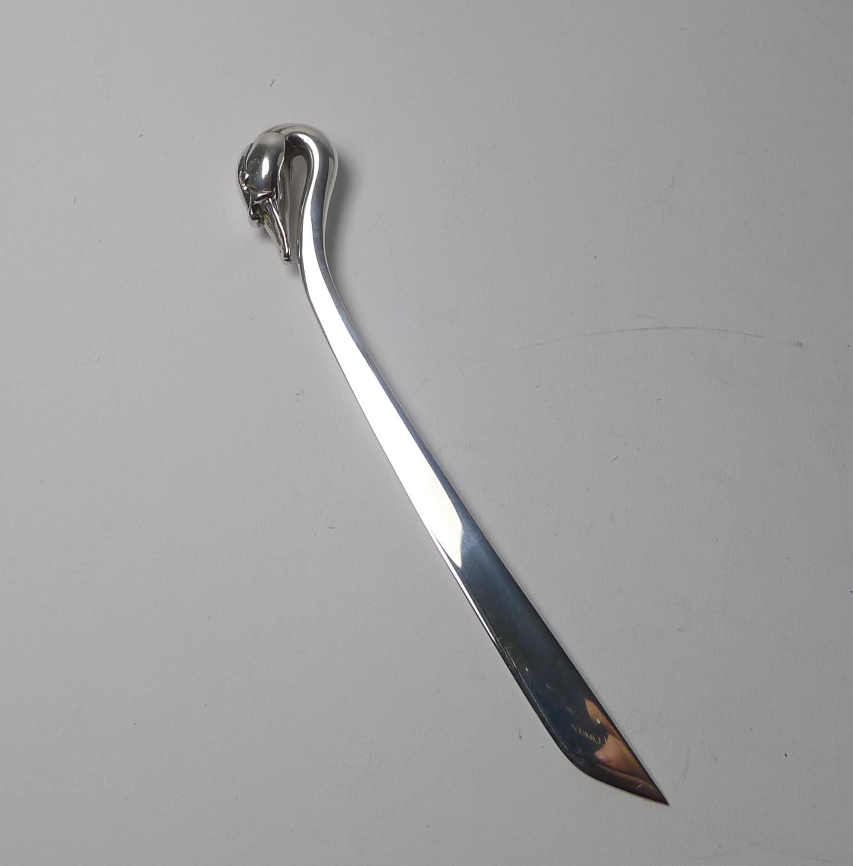 British Stunning Solid Silver Swan Letter Opener by Sarah Jones For Sale