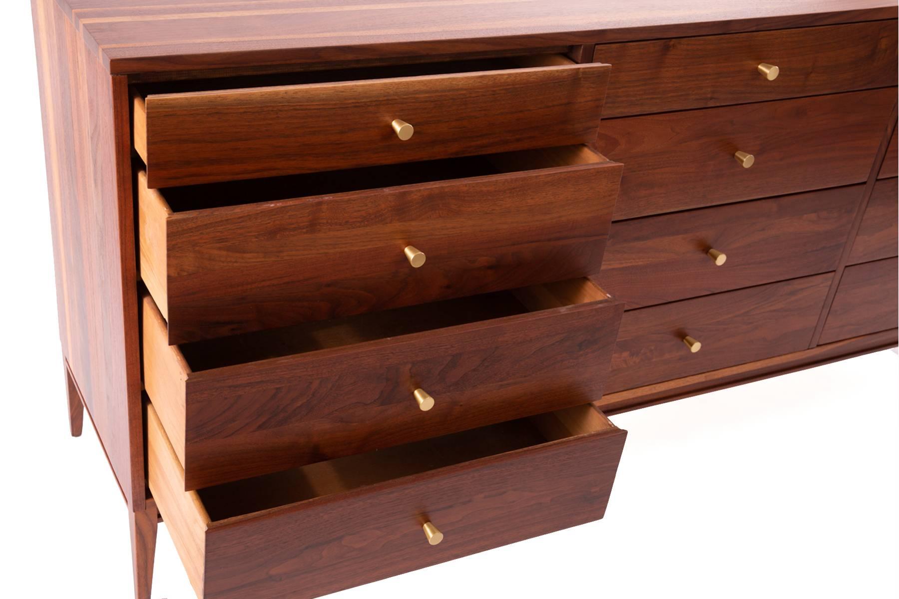 American Stunning Solid Walnut and Brass 12-Drawer Dresser