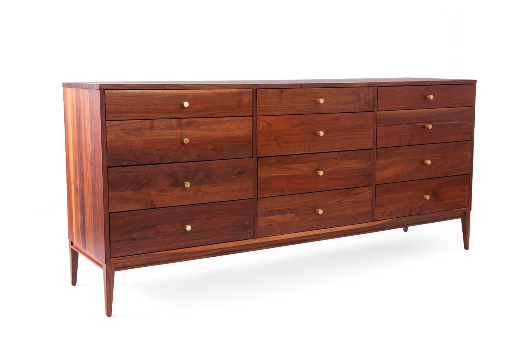 Stunning Solid Walnut and Brass 12-Drawer Dresser In Excellent Condition In Phoenix, AZ