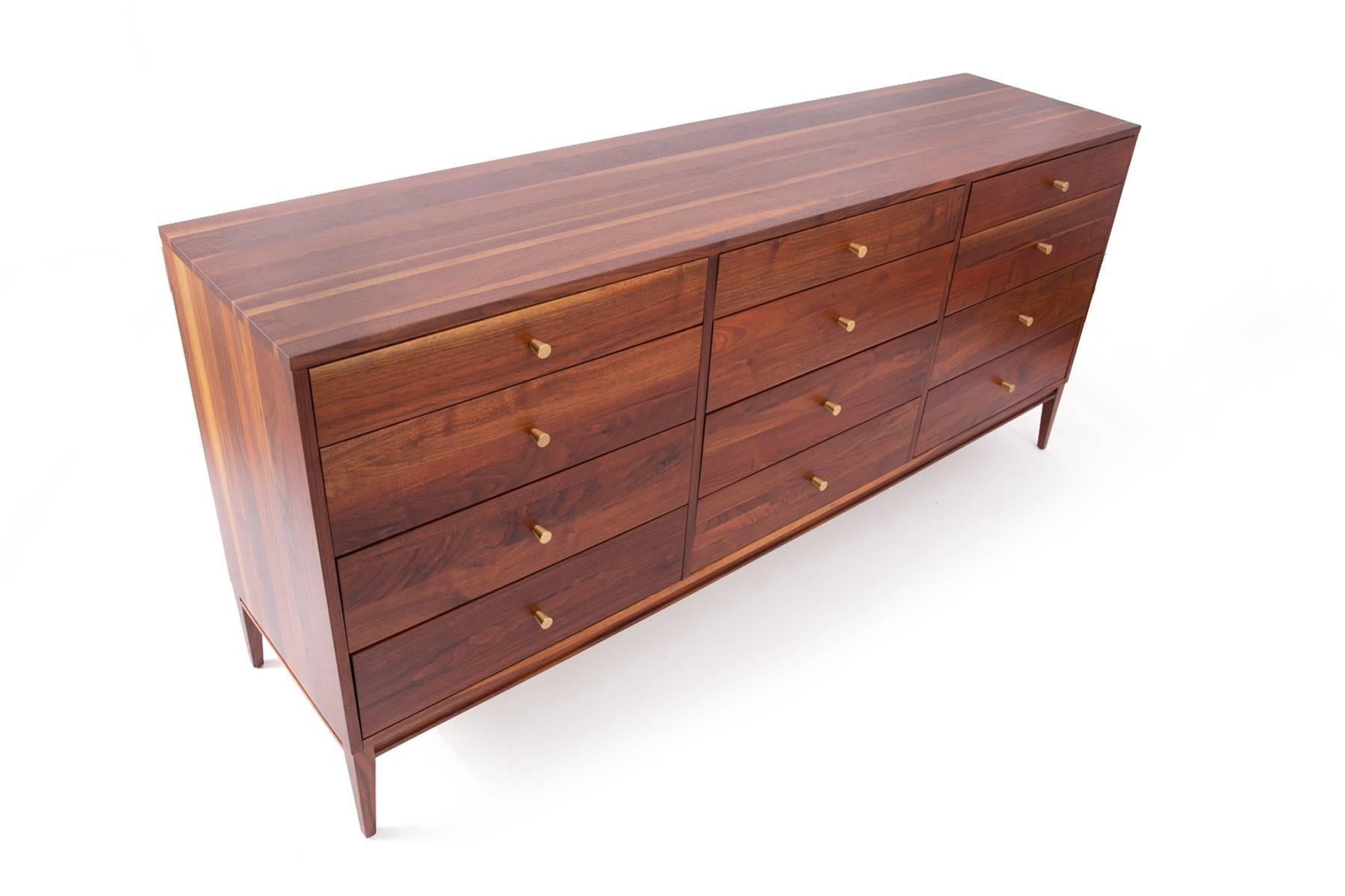 Mid-20th Century Stunning Solid Walnut and Brass 12-Drawer Dresser