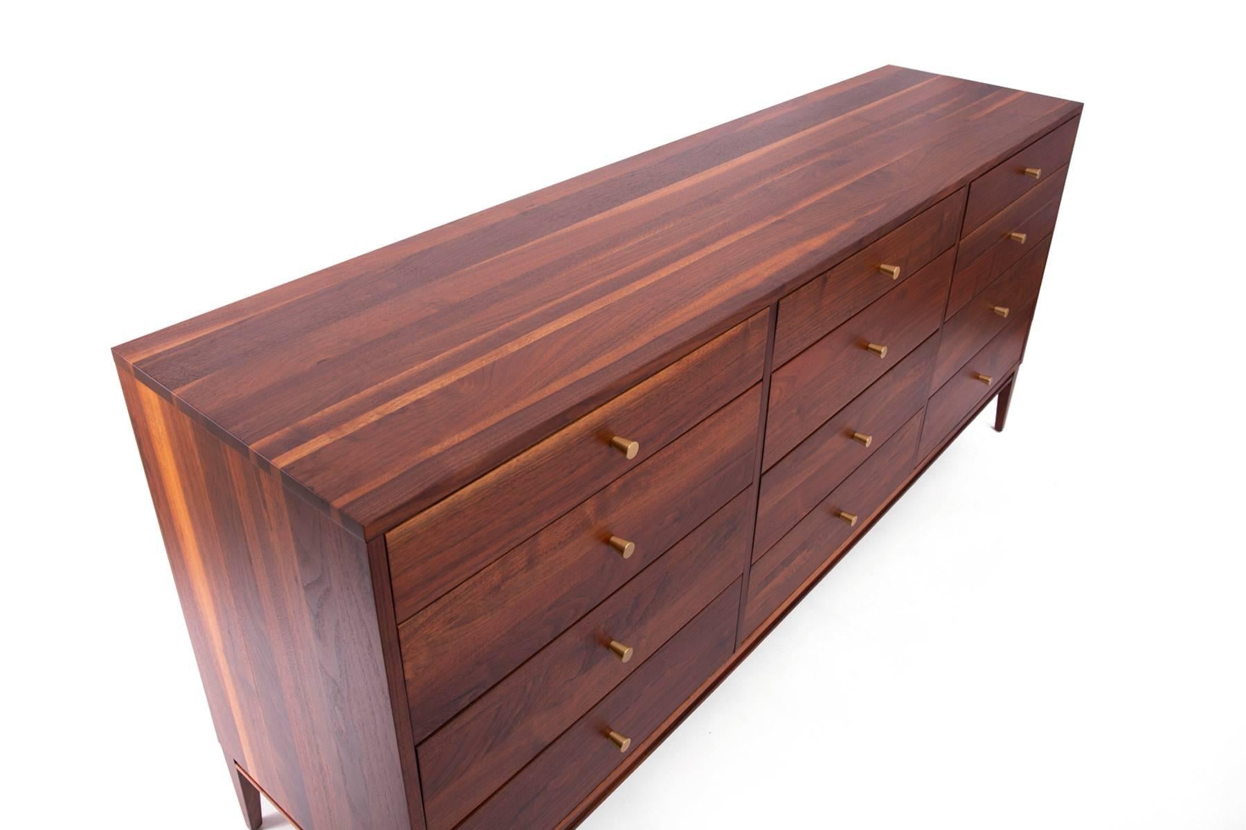Stunning Solid Walnut and Brass 12-Drawer Dresser 1