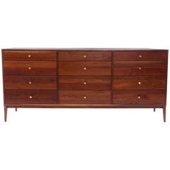 Vintage Stunning Solid Walnut and Brass 12-Drawer Dresser