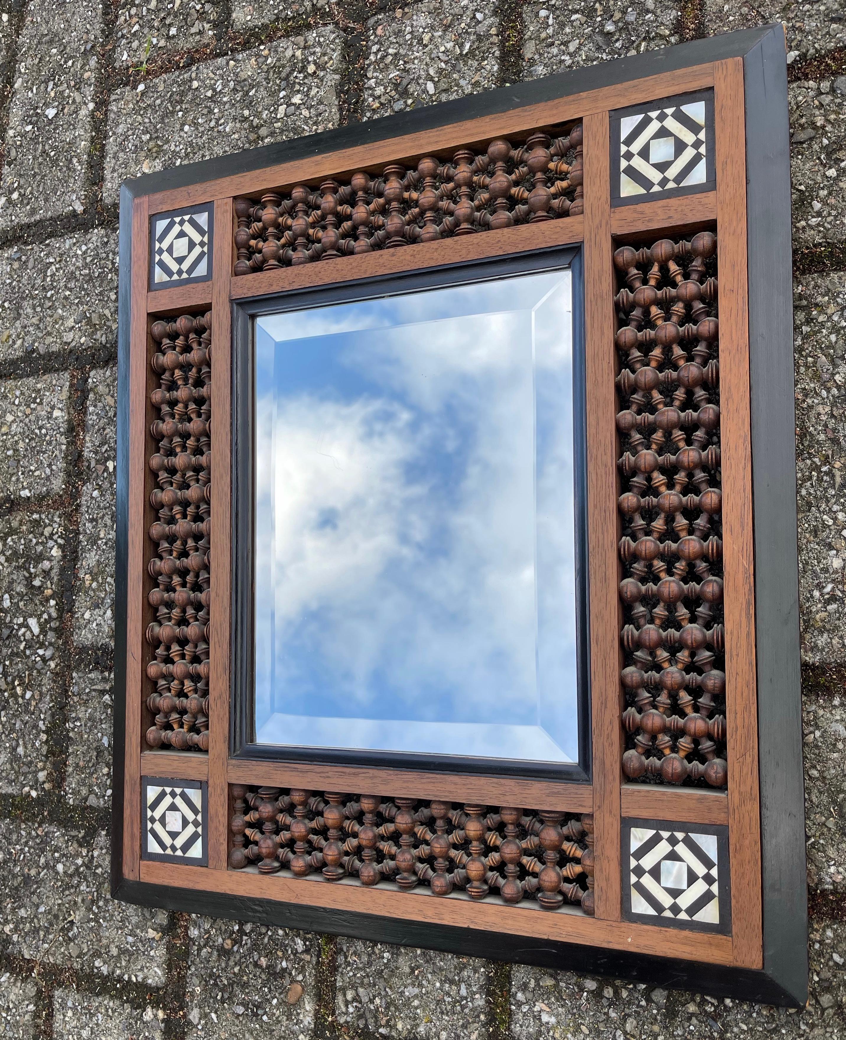 Stunning Spanish Antique Wooden Picture Frame / Mirror, Inlaid and Turned Motifs For Sale 4