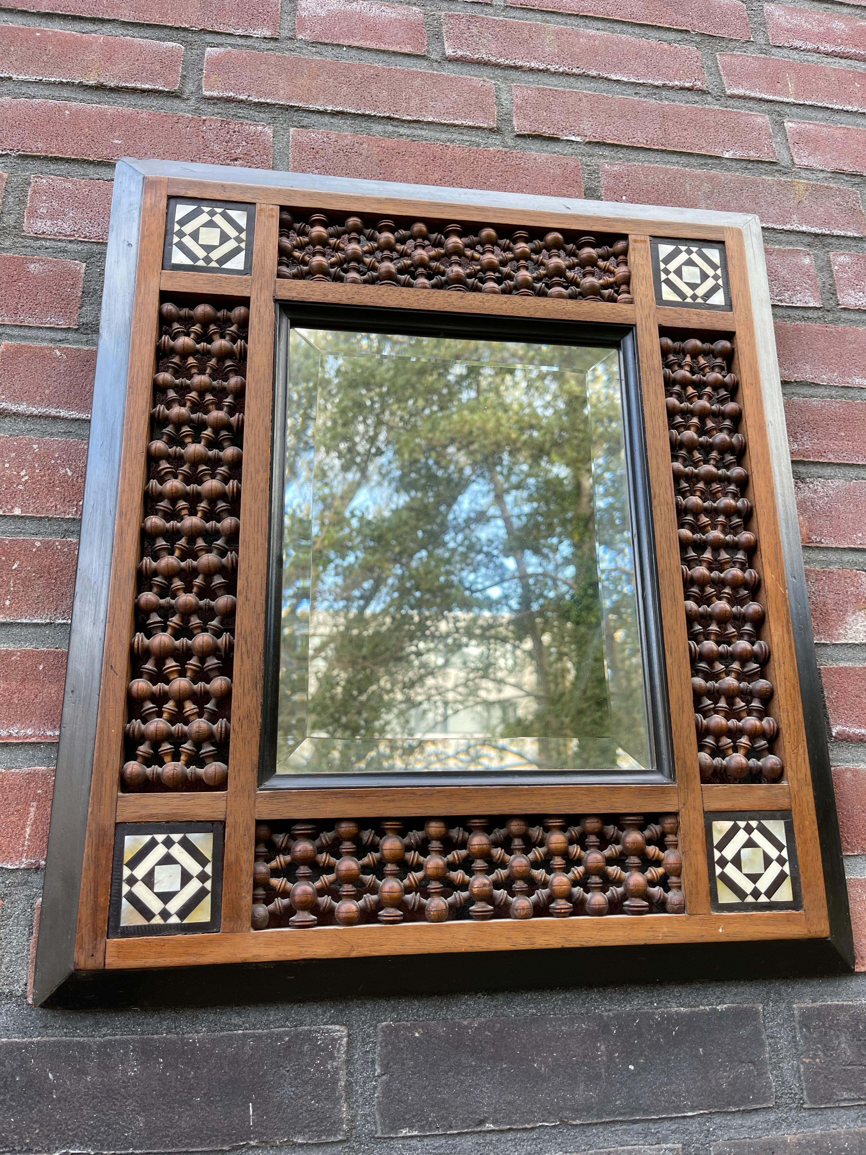 Stunning Spanish Antique Wooden Picture Frame / Mirror, Inlaid and Turned Motifs For Sale 5