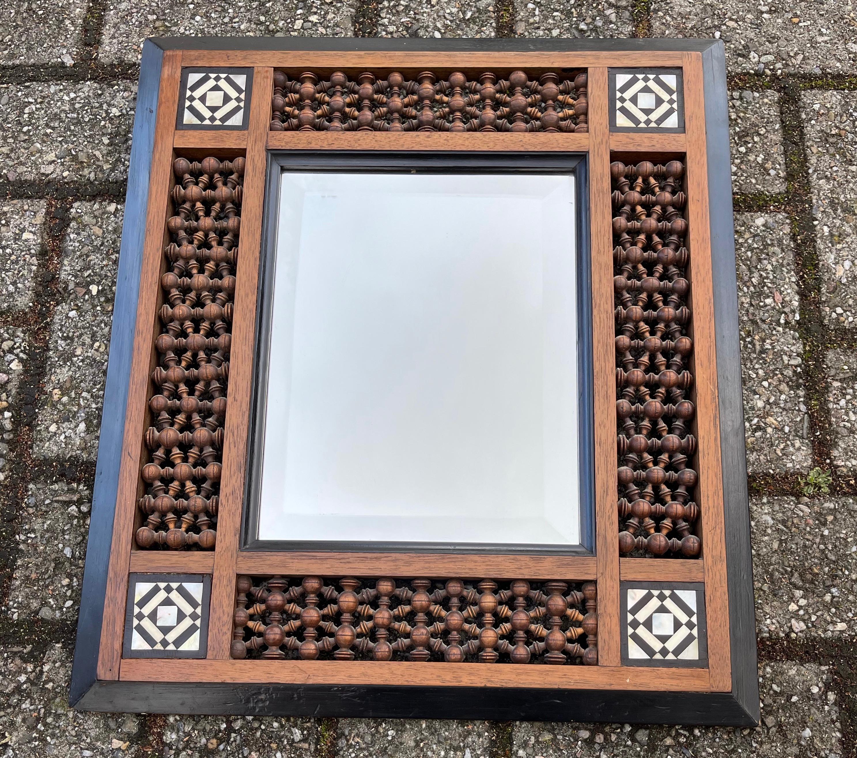 Stunning Spanish Antique Wooden Picture Frame / Mirror, Inlaid and Turned Motifs For Sale 6