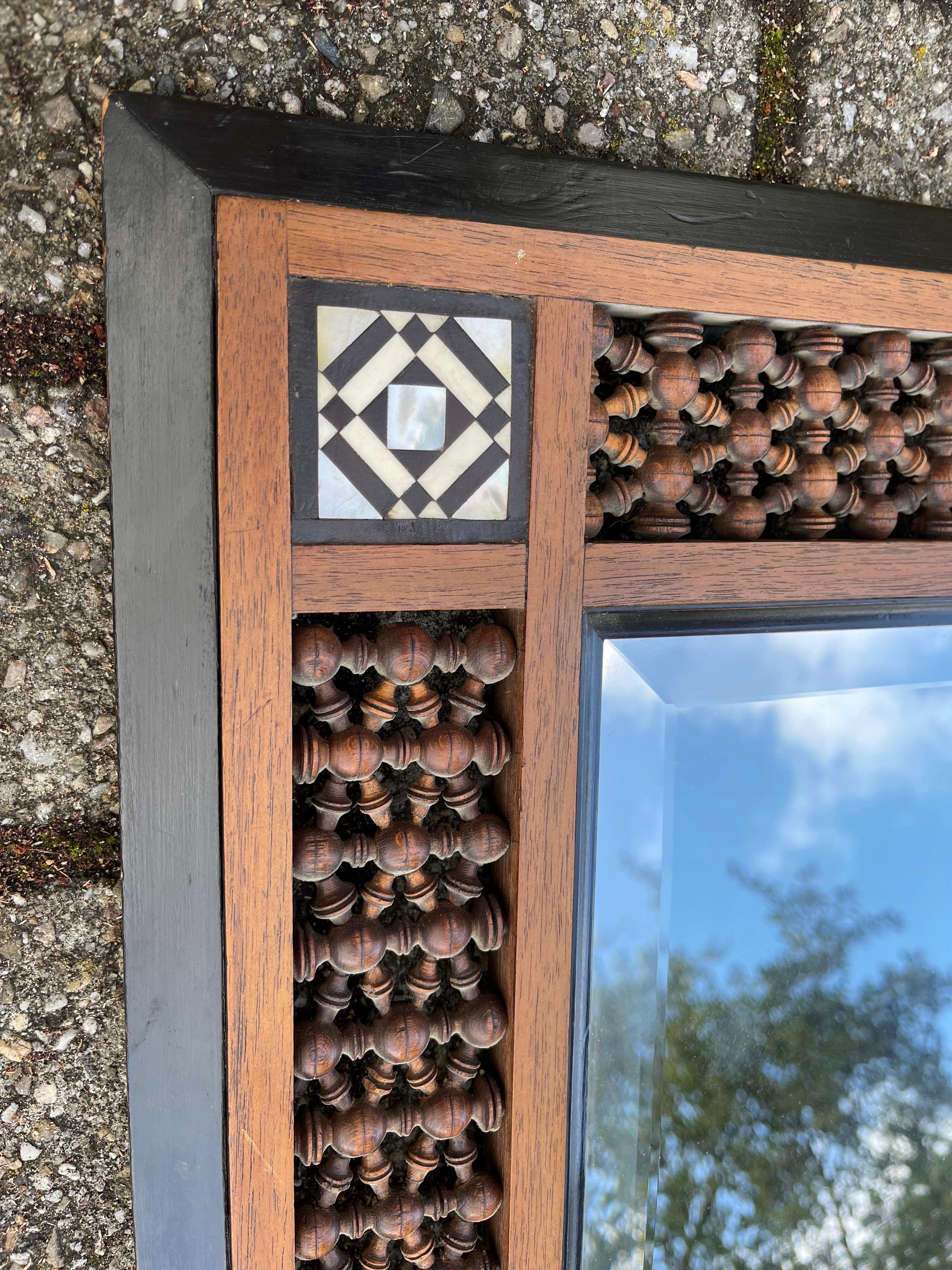 Stunning Spanish Antique Wooden Picture Frame / Mirror, Inlaid and Turned Motifs For Sale 8