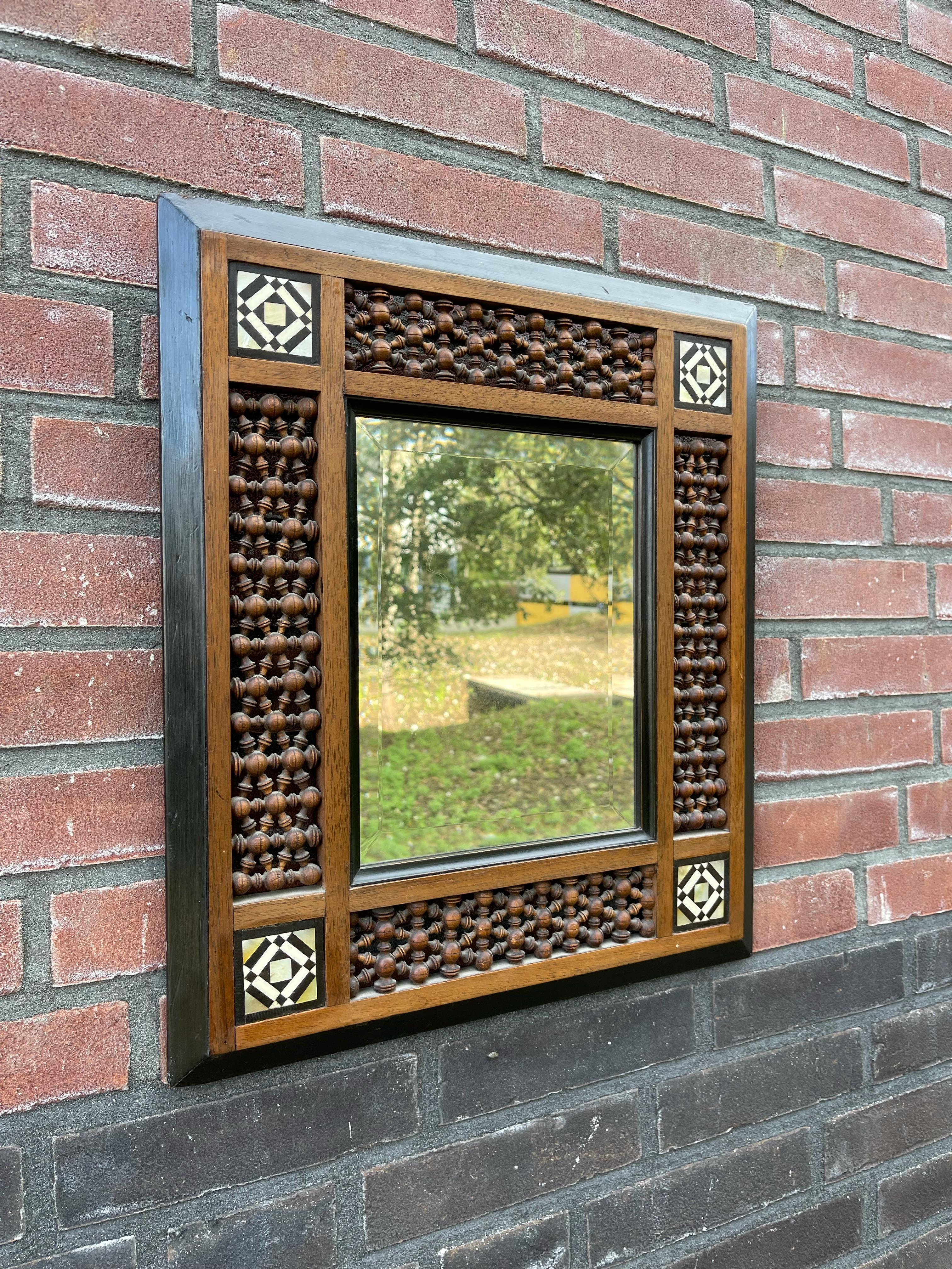 Arts and Crafts Stunning Spanish Antique Wooden Picture Frame / Mirror, Inlaid and Turned Motifs For Sale