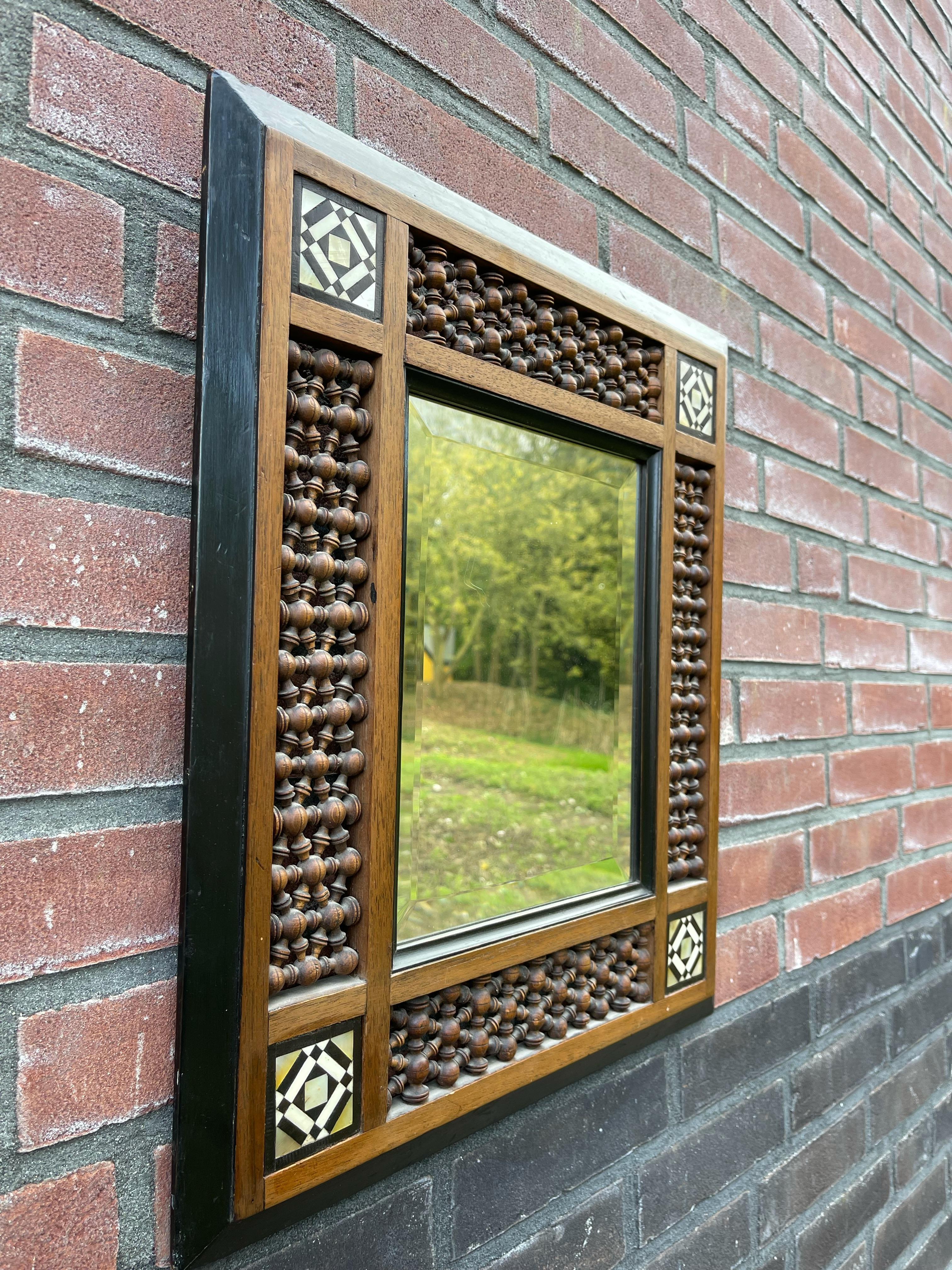 Hand-Carved Stunning Spanish Antique Wooden Picture Frame / Mirror, Inlaid and Turned Motifs For Sale