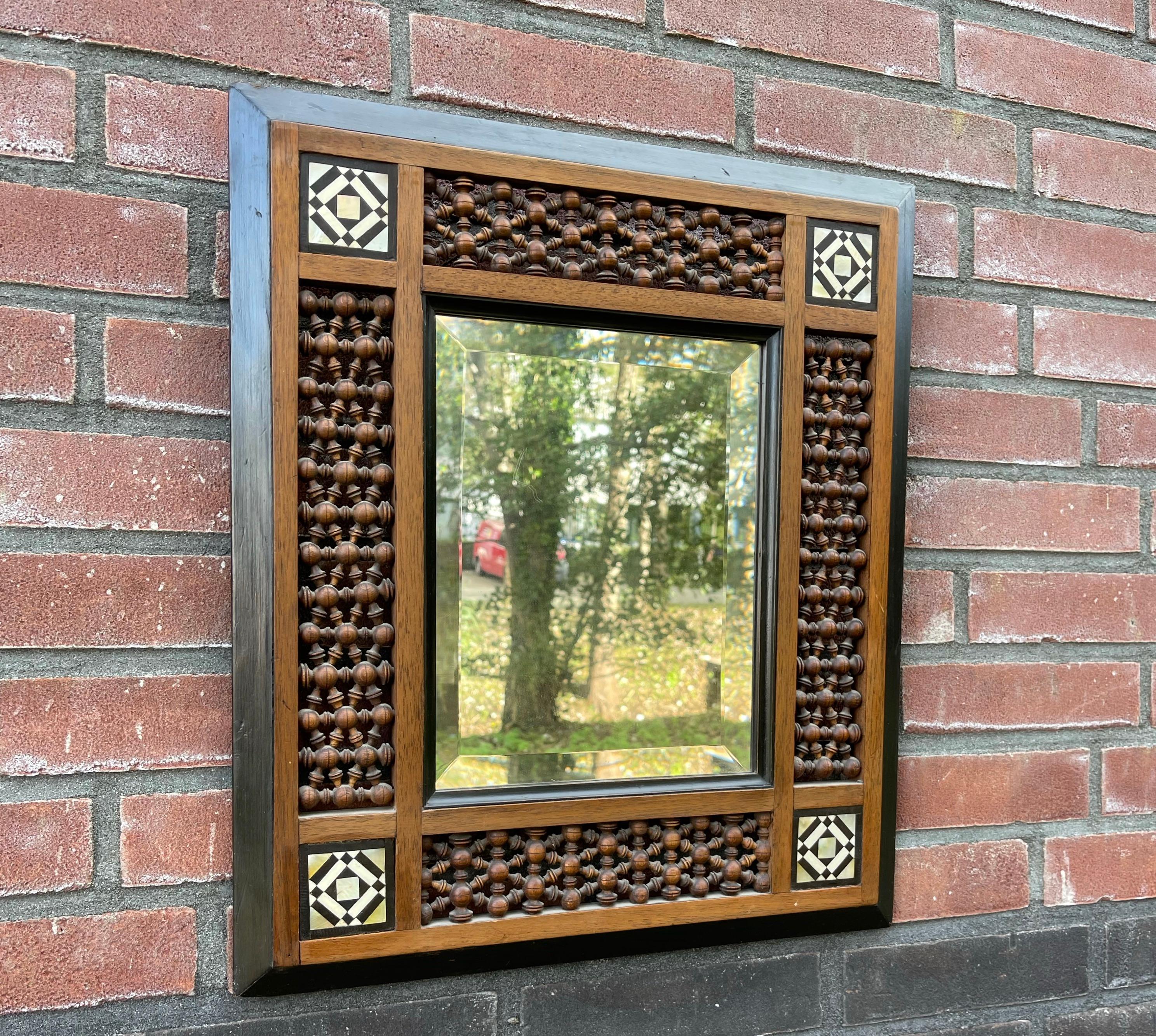 Stunning Spanish Antique Wooden Picture Frame / Mirror, Inlaid and Turned Motifs For Sale 2