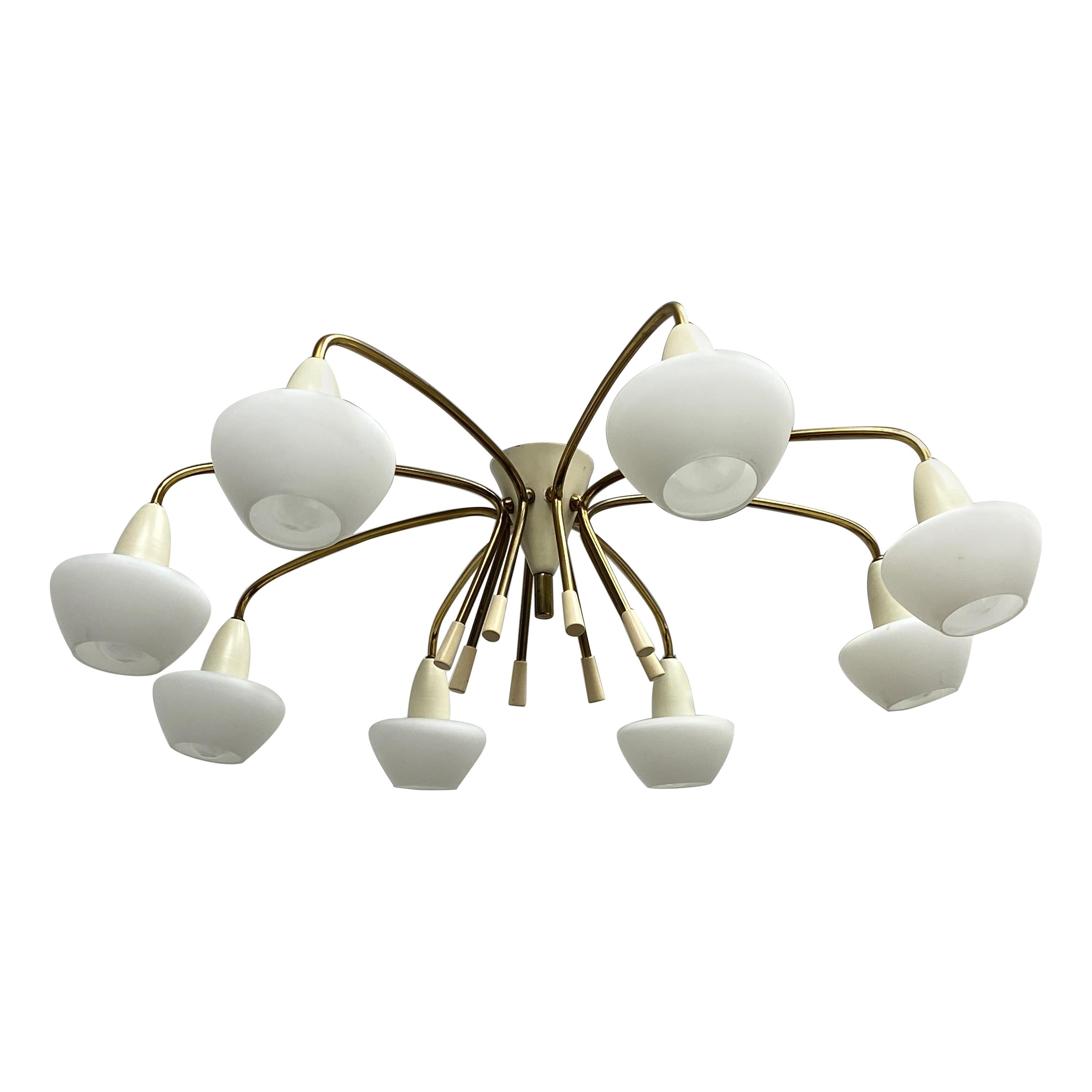 Stunning Sputnik Brass and Glass Shades Flushmount Stilnovo Style Vintage, 1960s