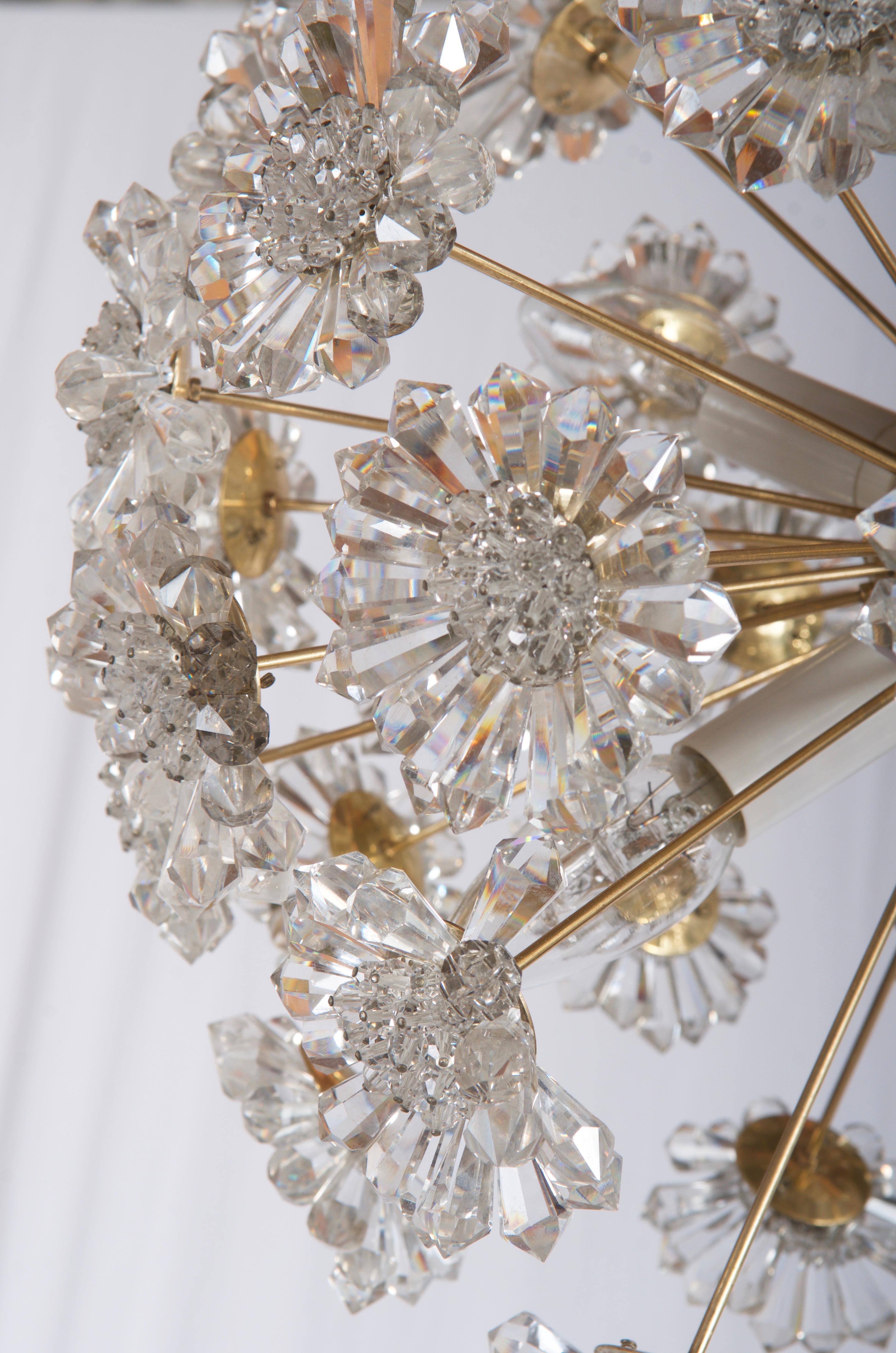 Brass Stunning Sputnik Chandelier with Crystal Flowers For Sale