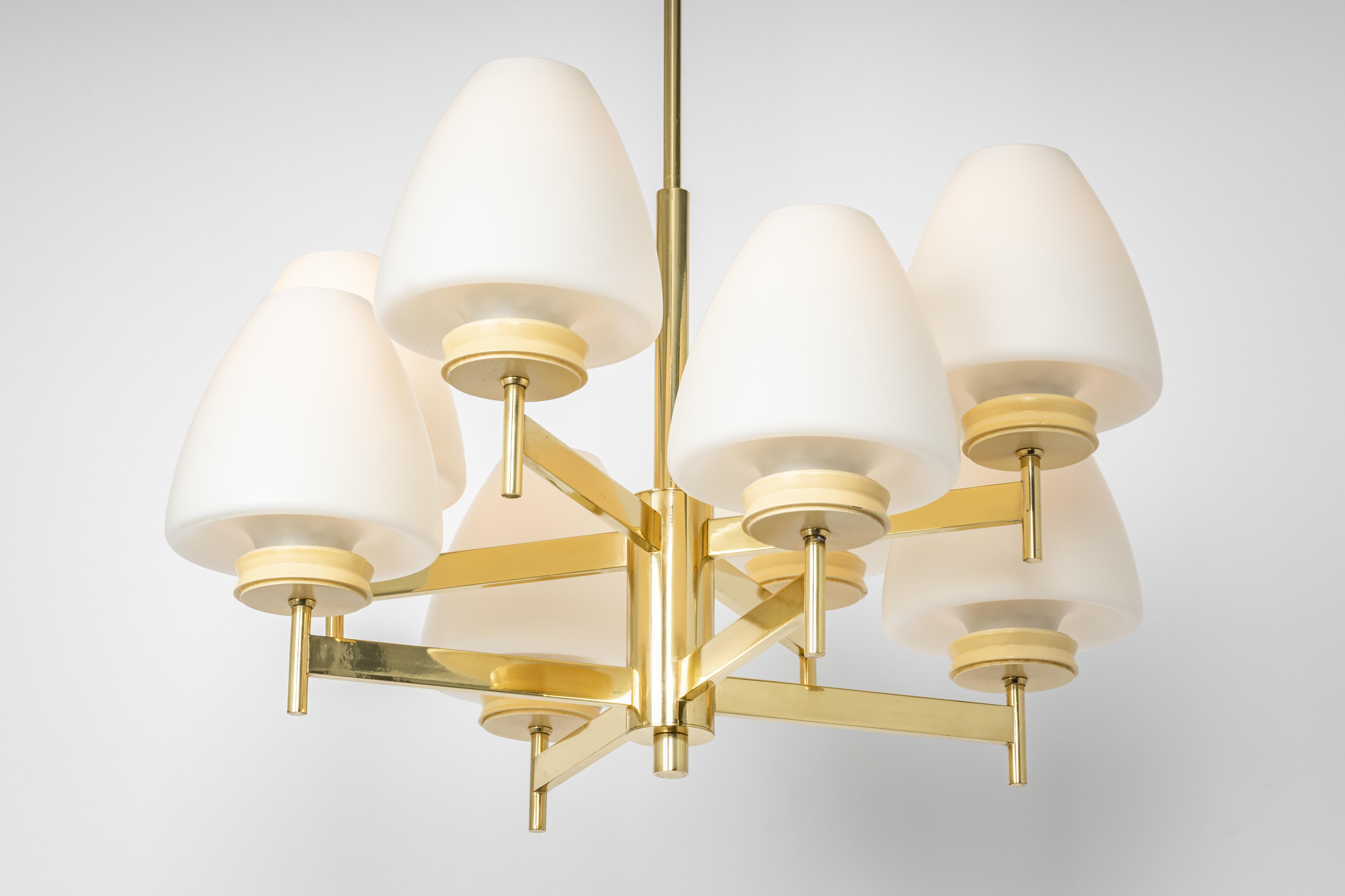 Brass Stunning Sputnik Chandelier with Opal Glasses by Kaiser, Germany, 1970s For Sale